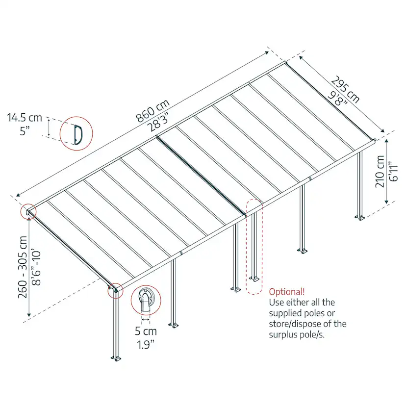 OLYMPIA PATIO COVER 3X8.51 GREY CLEAR 3 x 8,5