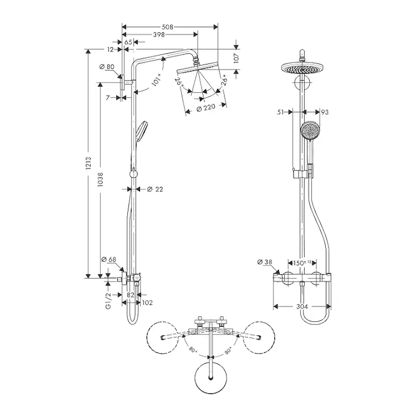 Takduschset Hansgrohe Croma Showerpipe 220 Showerpipe 150 cc