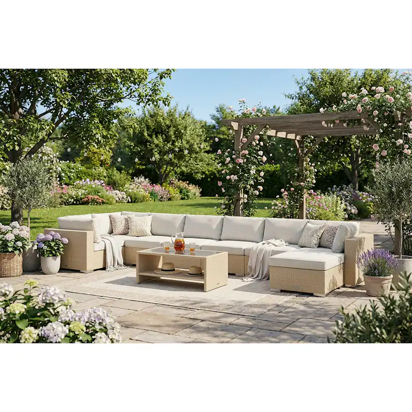 Bahamas Schäslong 8 sits med divan (Vändbar) - bord med hyll Beige