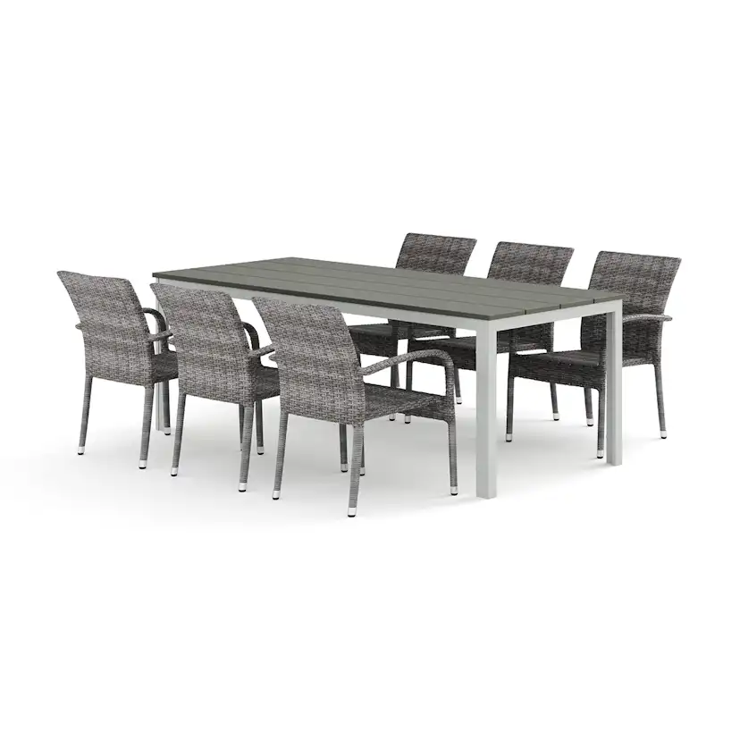 Trädgårdsgrupp Comfort Garden Tunis utomhus matgrupp 205x90 cm med 6 Thor Light Trädgårdsfåtölj