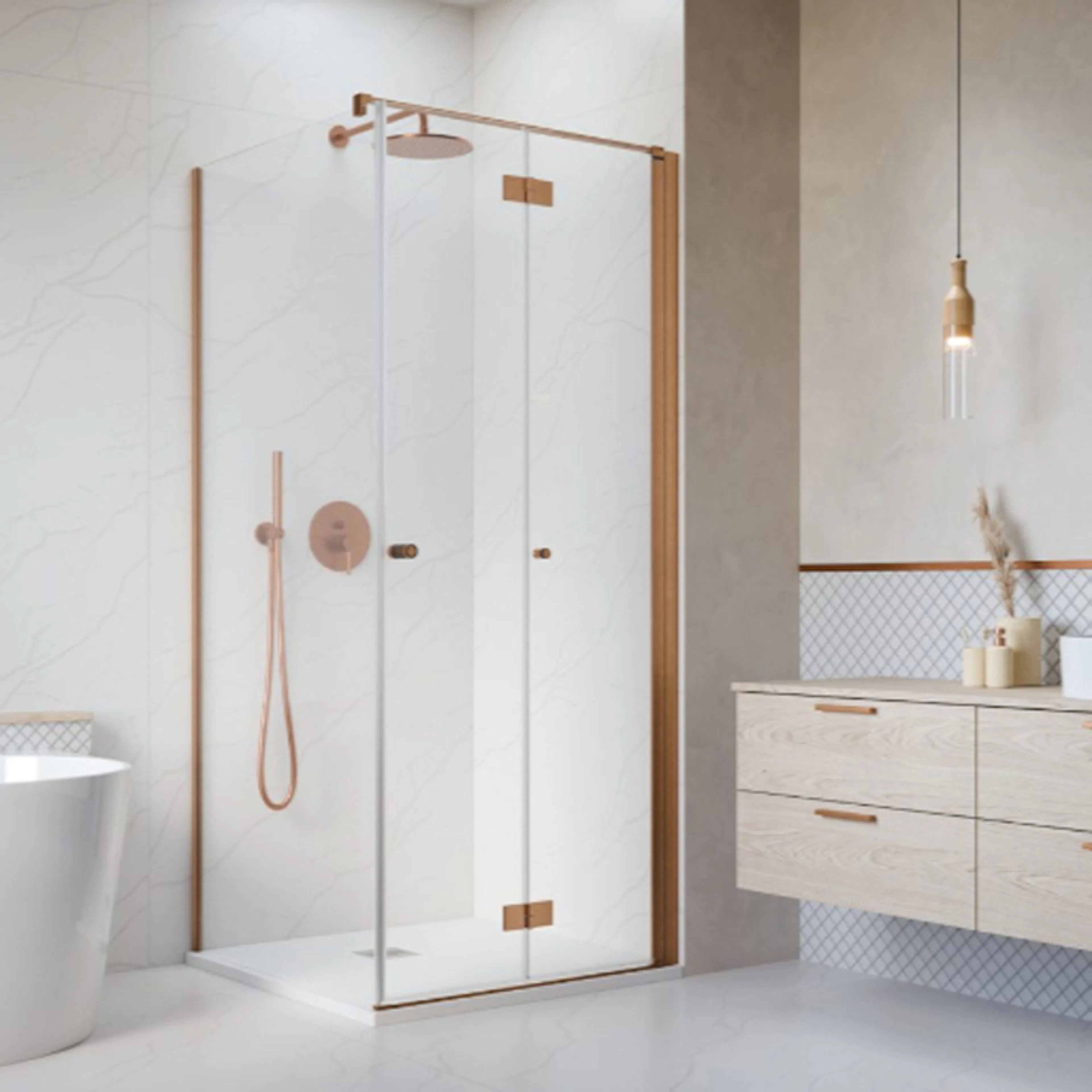 Noma 195 fast vägg med vikdörr, 800 mm höger 6 mm glas, bors 780x780 mm, Borstad Koppar