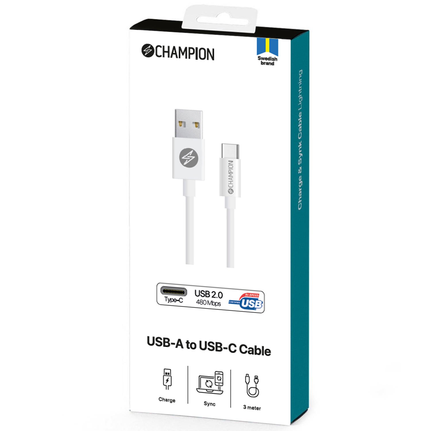USB-A Champion till USB-C Kabel 3m Vit