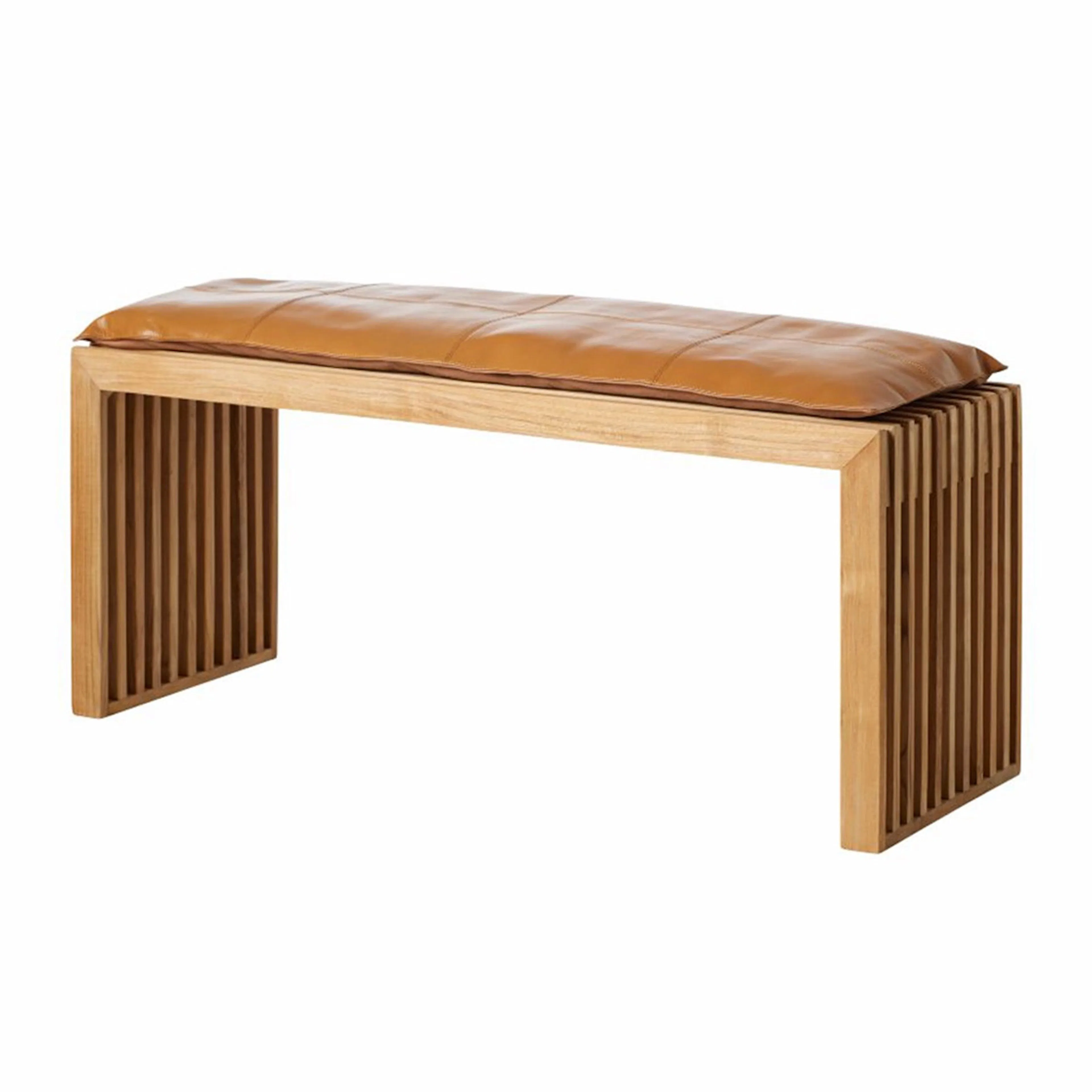 Rib set, teakbänk, ljus skinndyna Ljusbrun