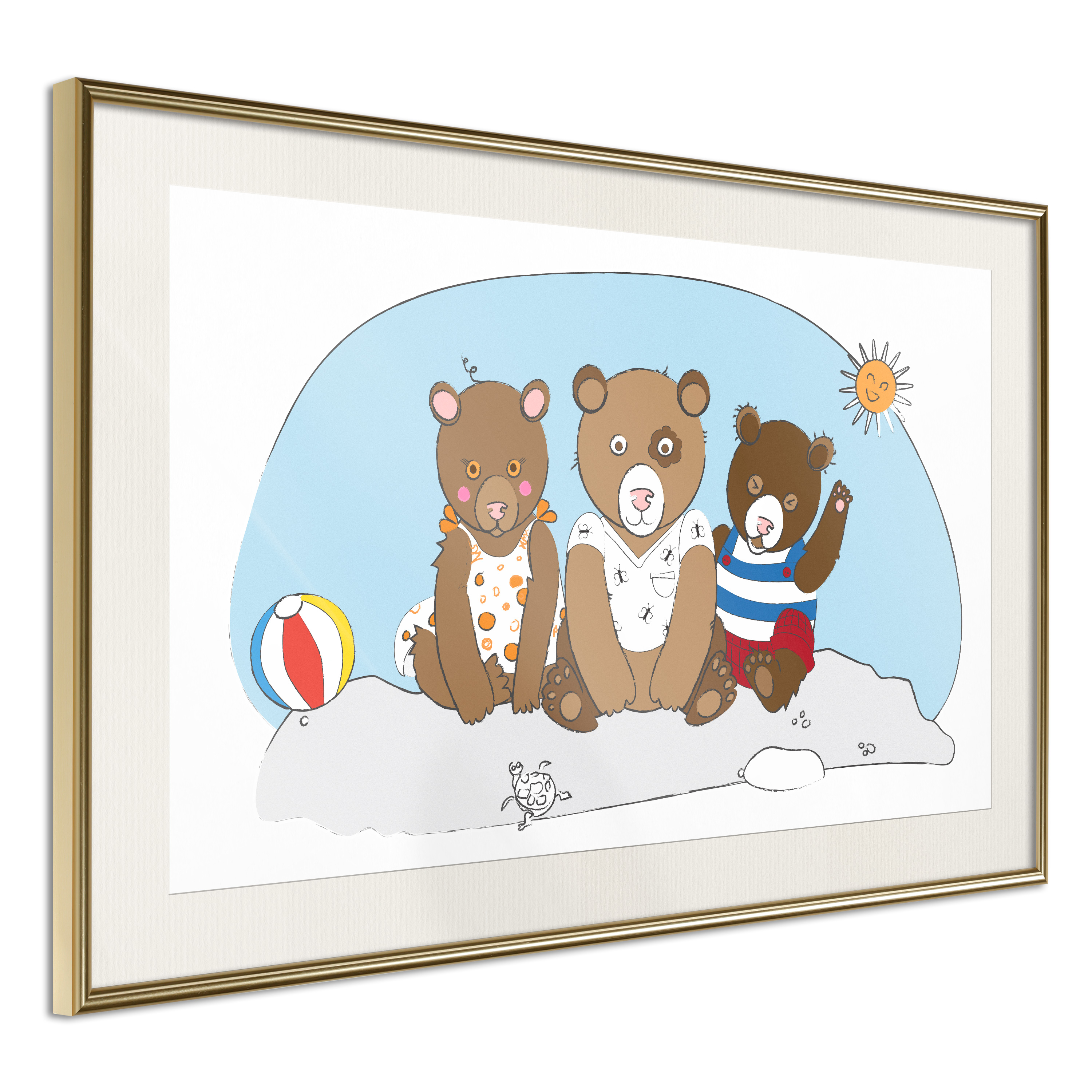 Affisch - Teddy Bears on the Beach [Poster] 45x30 Guld ram med passepartout, 45x30 cm