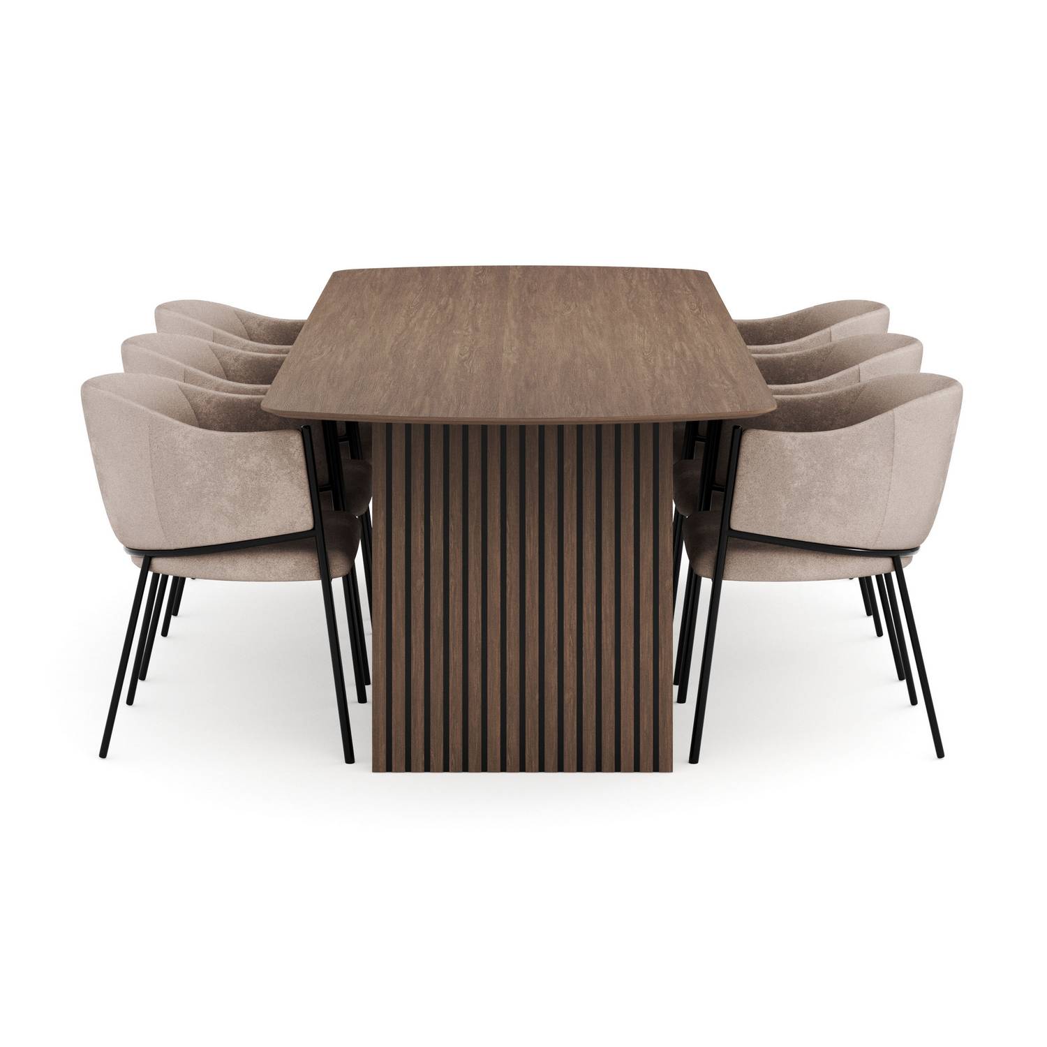 Matgrupp Bark Richeto Rektangulärt Matbord 240 cm Rökt Ek med 6 Evelina Matstol