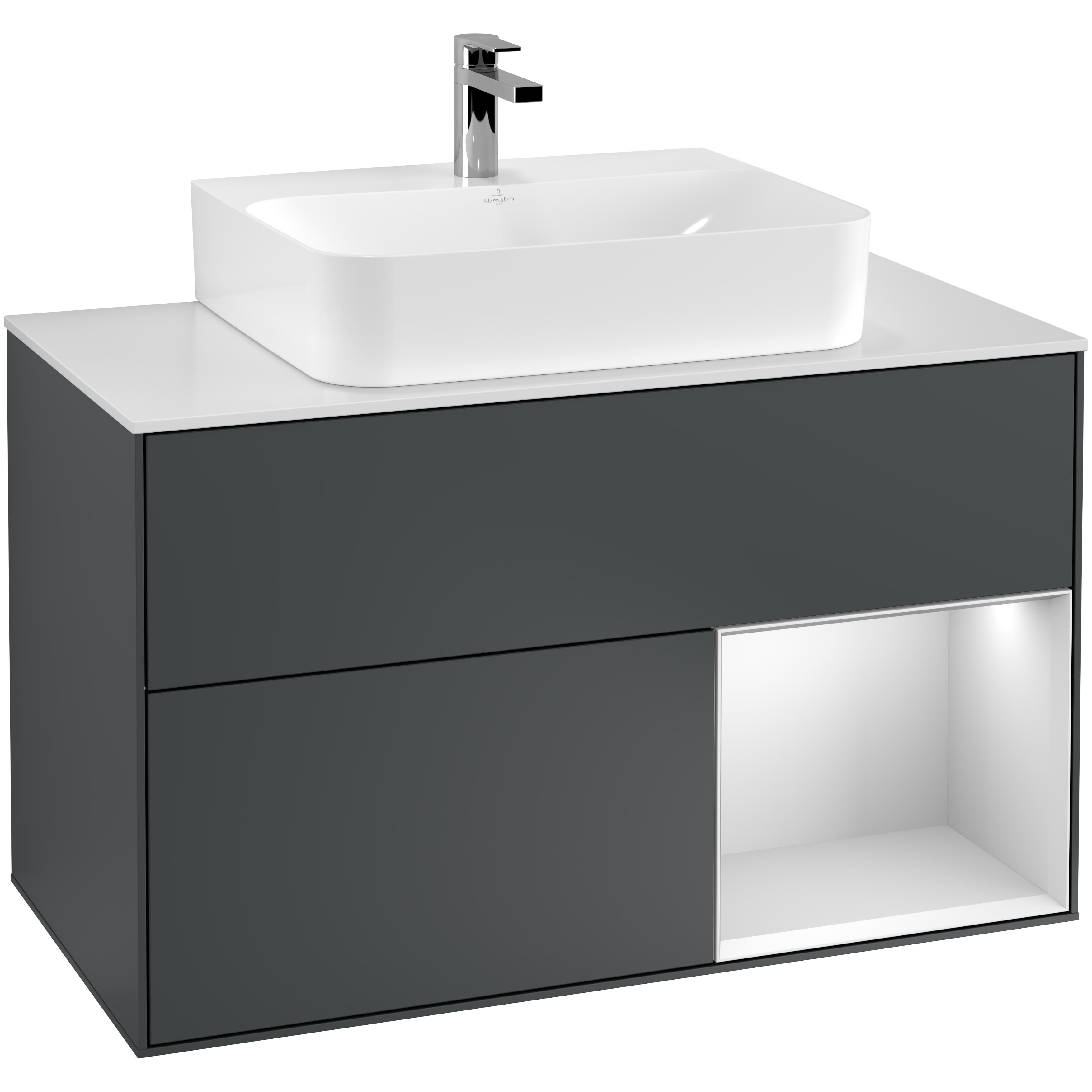 Tvättställsskåp Villeroy & Boch Finion G121MTHG Midnattsblå Mattlack/Vit Mattlack med bänkskiva i Mattvitt glas med Väggbelysning, Lucka Höger