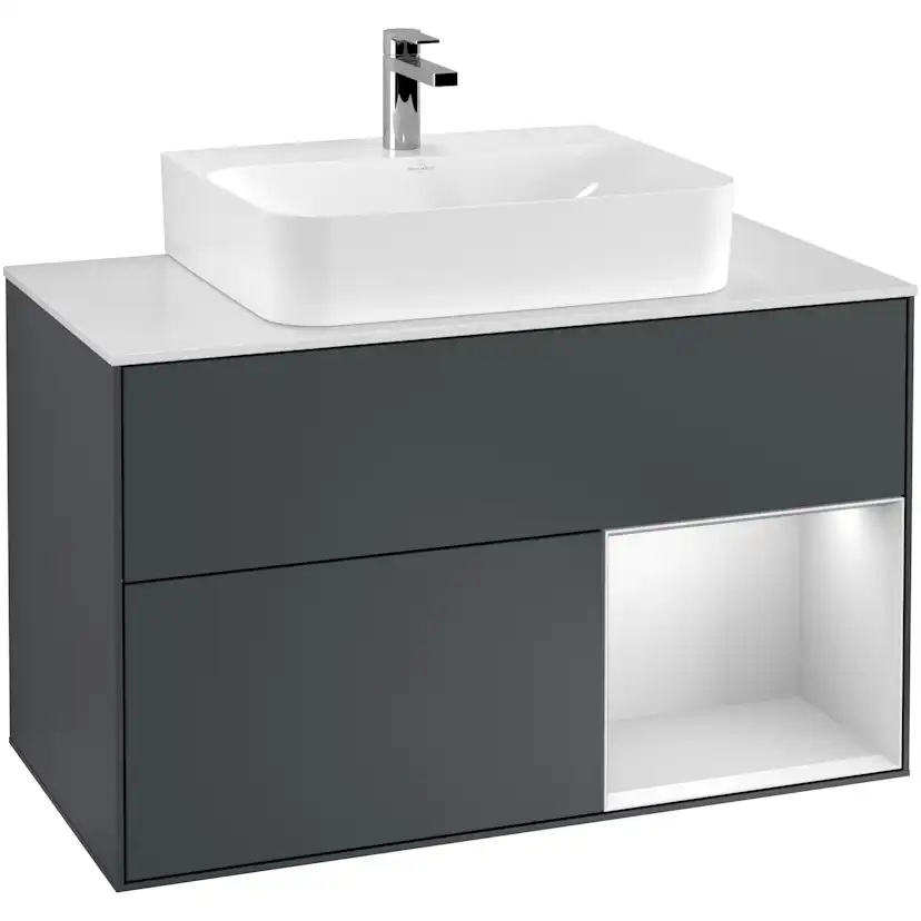 Tvättställsskåp Villeroy & Boch Finion G121MTHG Midnattsblå Mattlack/Vit Mattlack med bänkskiva i Mattvitt glas med Väggbelysning, Lucka Höger