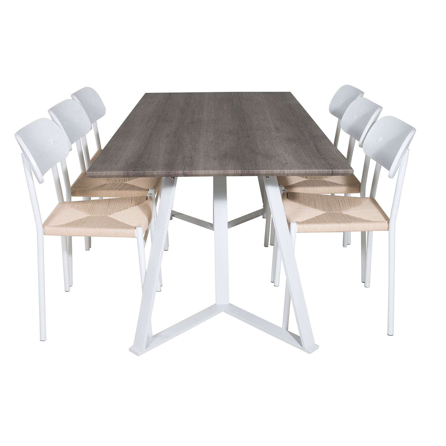 Marina Table -grå"oak"/Polly Chair - Nature / White_6 Grå/Vit/Natur