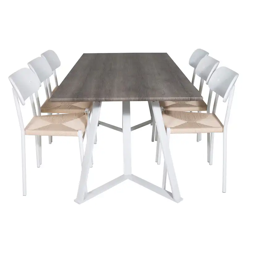 Marina Table -grå"oak"/Polly Chair - Nature / White_6 Grå/Vit/Natur