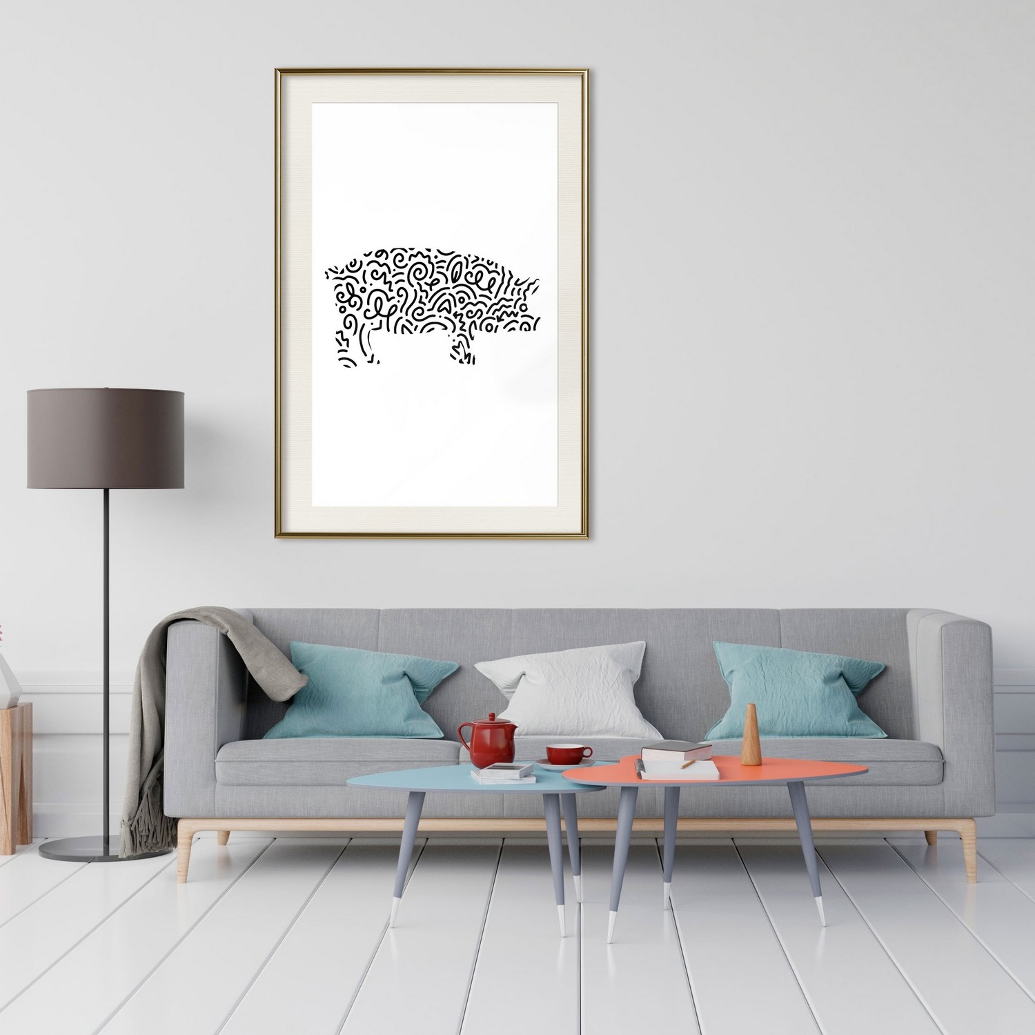 Affisch - Black and White Piggy [Poster] 40x60 Guld ram med passepartout, 40x60 cm
