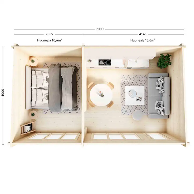 Attefallshus Luoman Lillevilla Sirkku 28 m² Komplett Stuga med Pulpettak