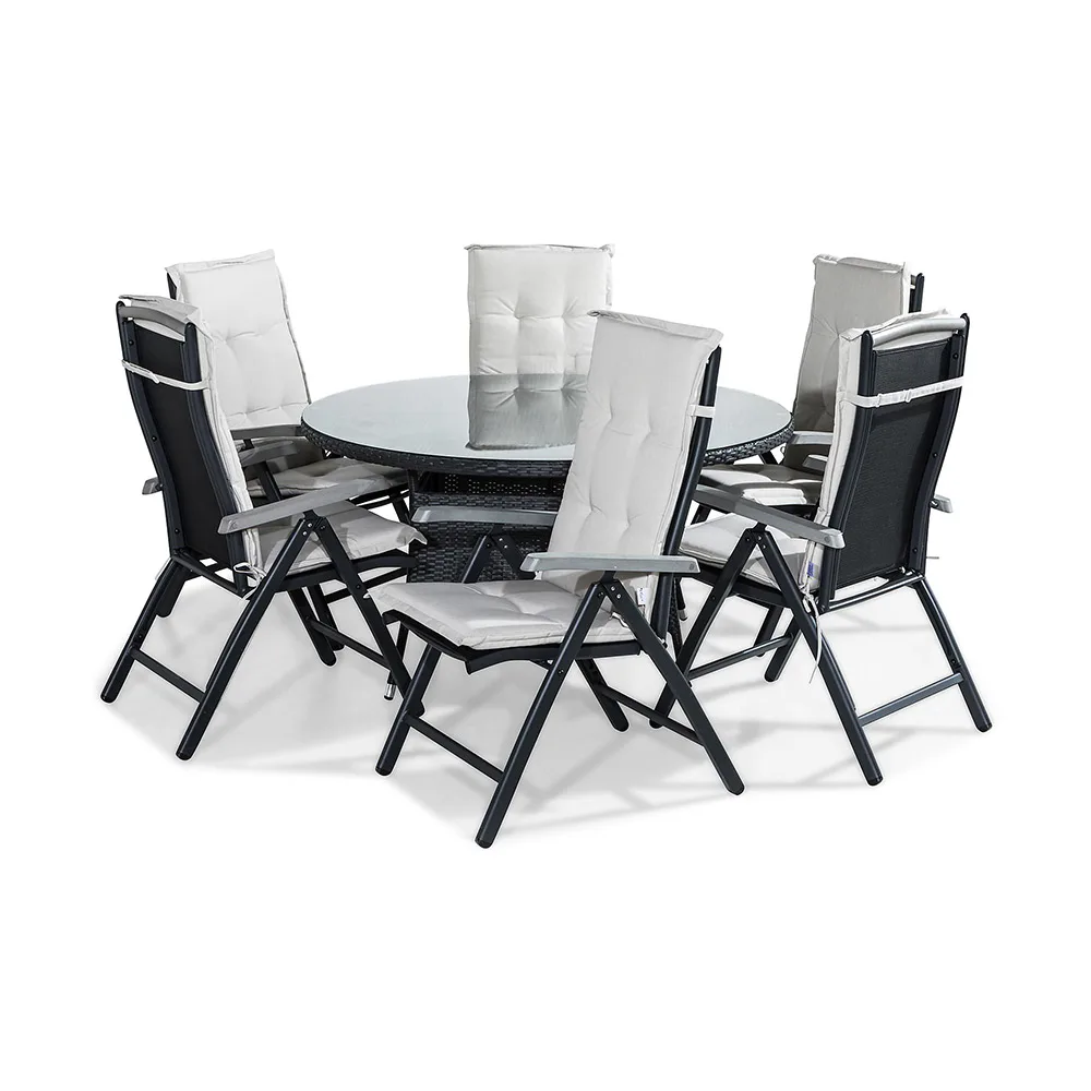 Matgrupp Comfort Garden Thor 140 Rund med 6 Positionsstolar Monaco och Dynor