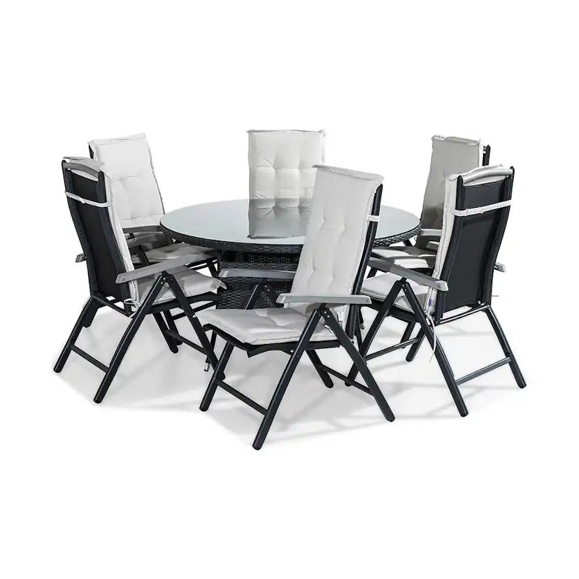 Matgrupp Comfort Garden Thor 140 Rund med 6 Positionsstolar Monaco och Dynor