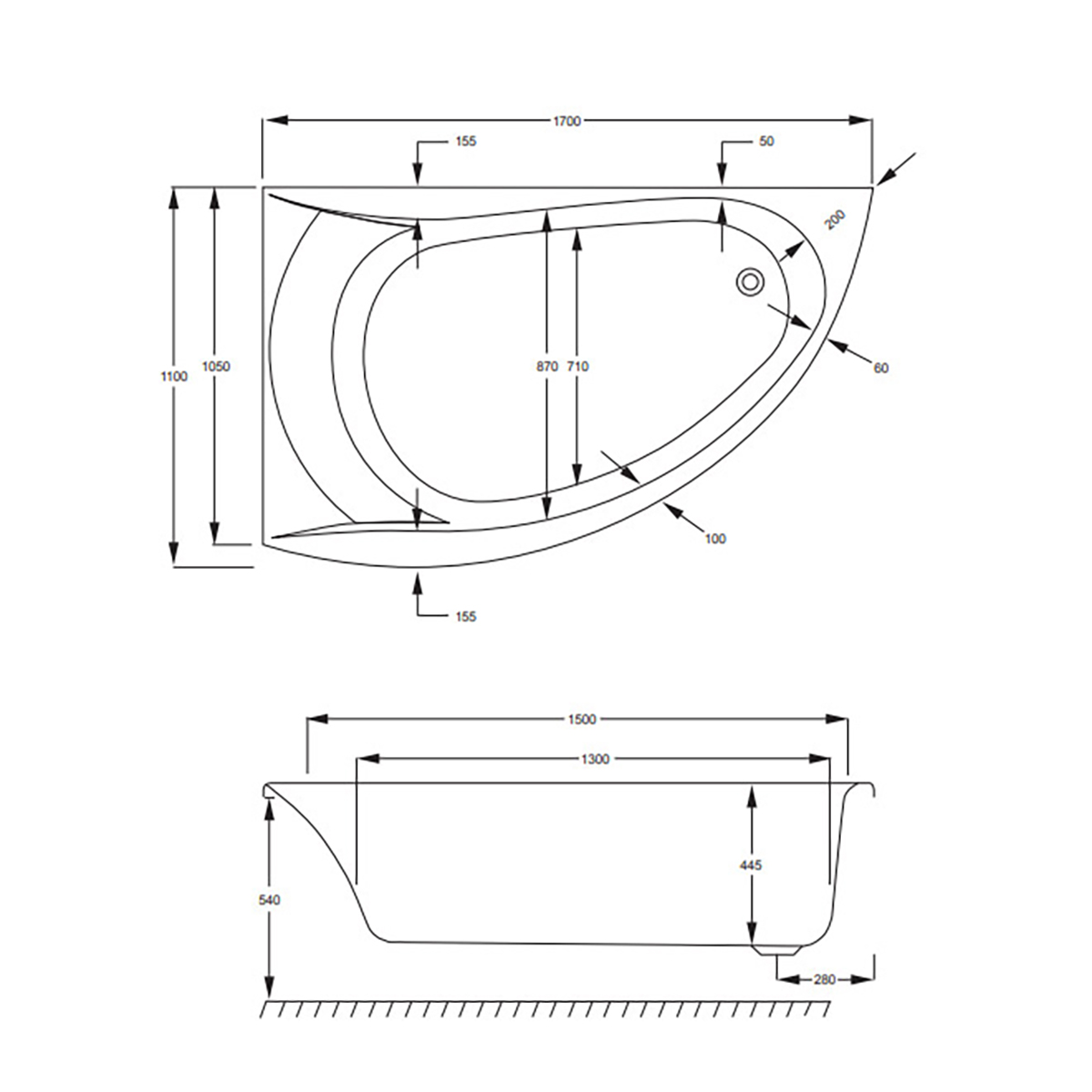 Omega hörnkar 1700x1050mm akryl Vänster, Standard