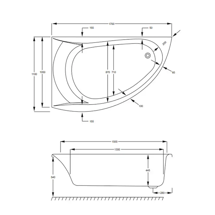 Omega hörnkar 1700x1050mm akryl Vänster, Standard