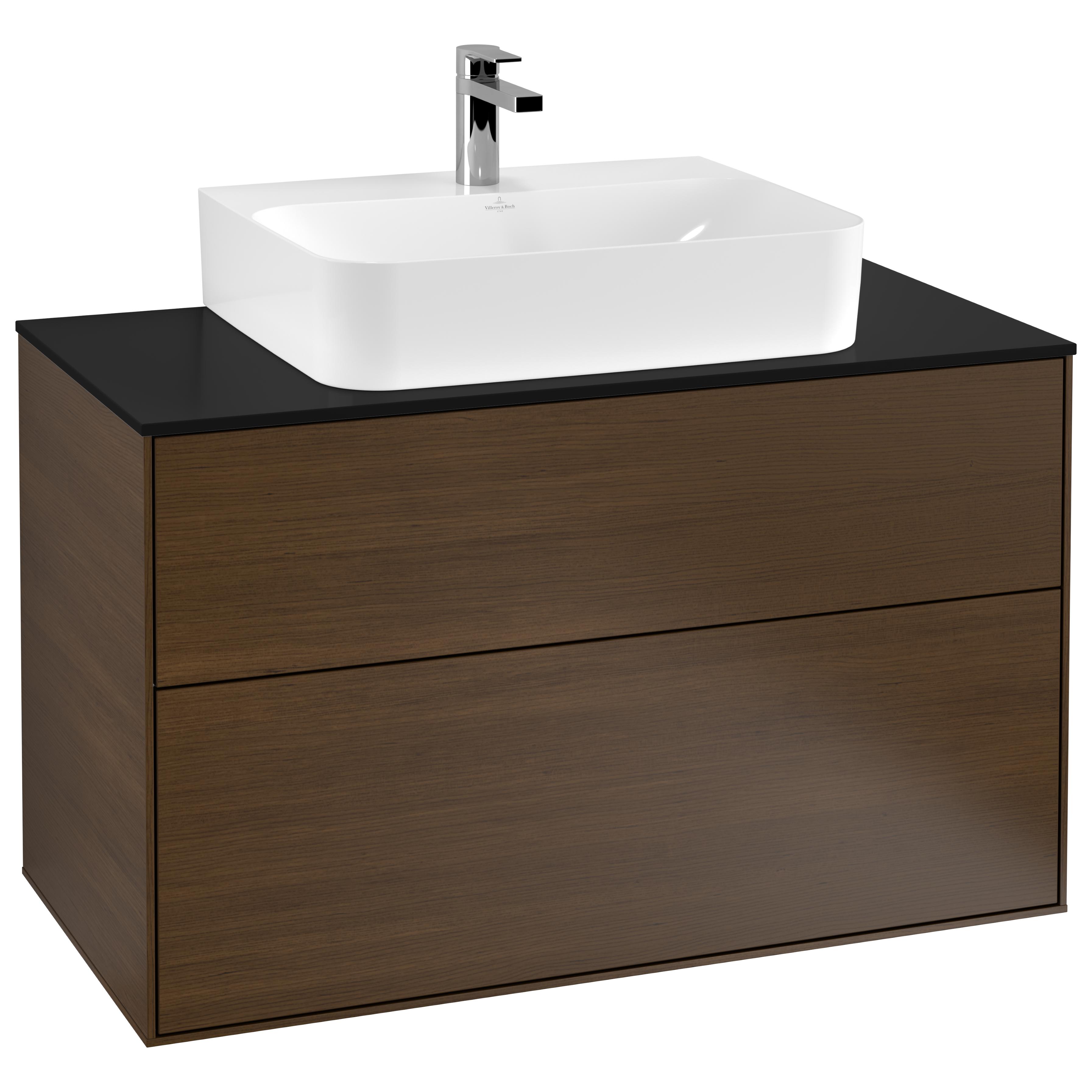 Tvättställsskåp Villeroy & Boch Finion F10200GN Valnötsfanér, B: 1000 mm med bänkskiva i Mattsvart glas