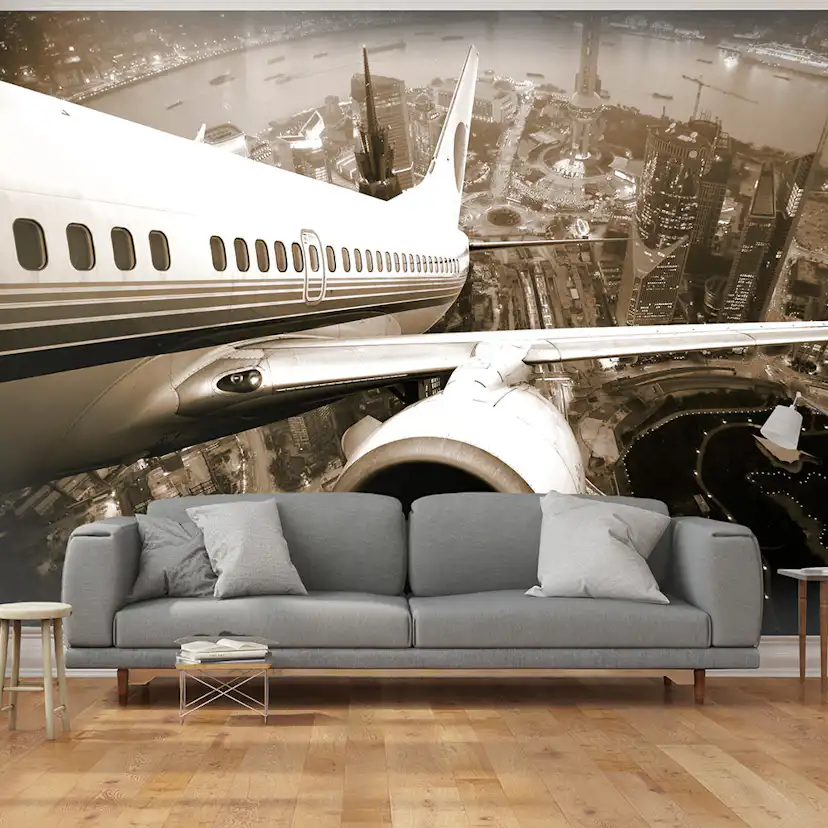 Fototapet Arkiio Flygplan Lyfter Från Staden