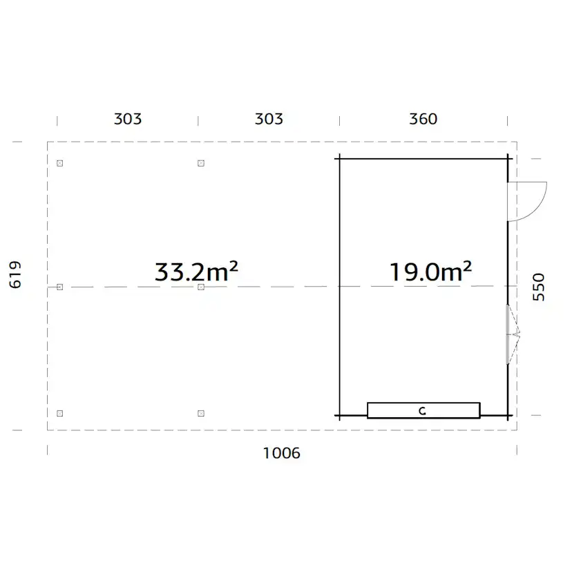 Roger 19,0+33,2 m2 with sectional door PNT7042W2 Målad ljusgrå RAL7042 + vit RAL9016