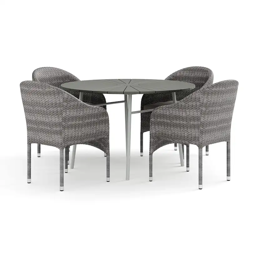 Trädgårdsgrupp Comfort Garden Tunis utomhus rund matgrupp 120 cm med 4 Thor fåtöljer