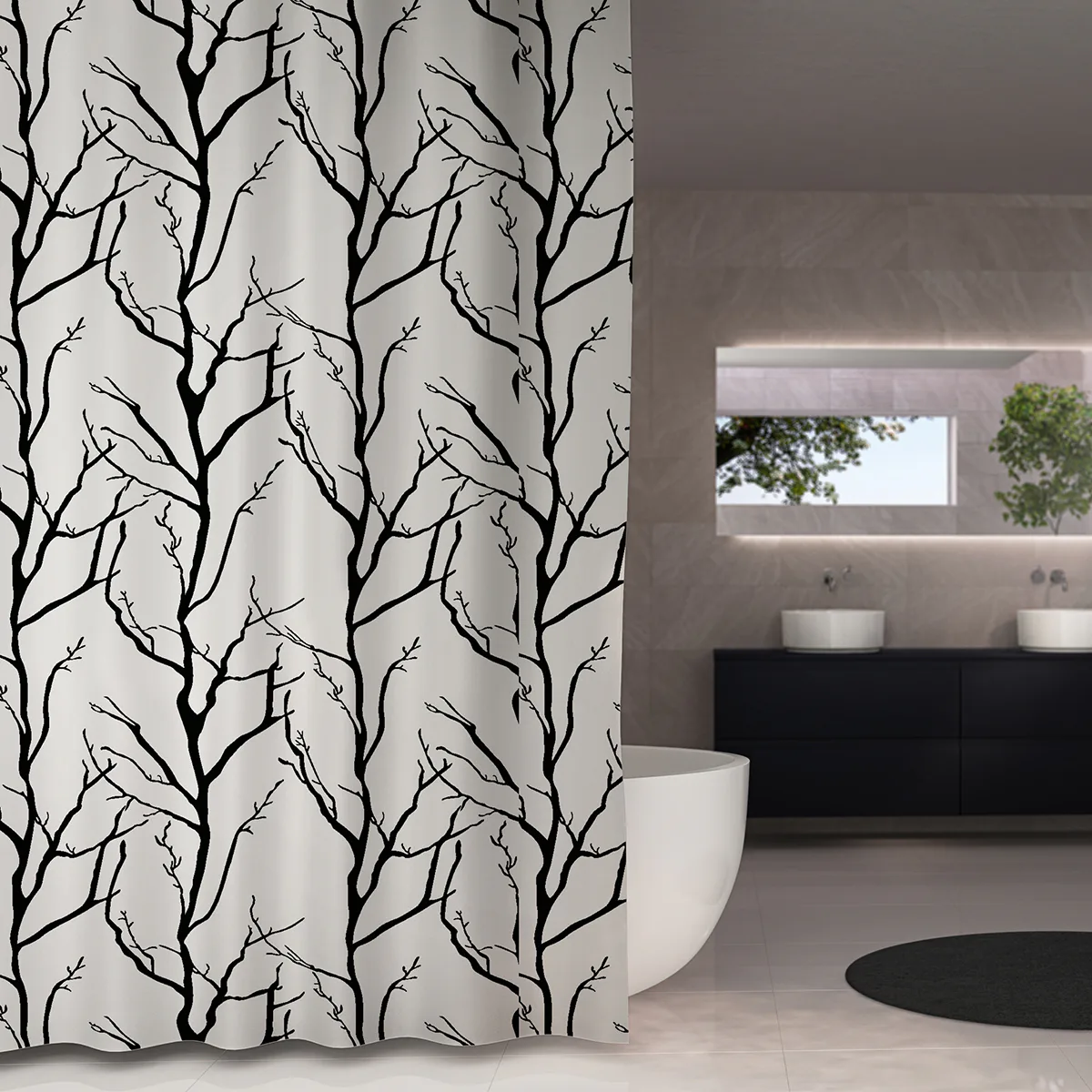 Duschdraperi Tree vit/svart 180x230 Vit/Svart, Storlek: 180x230 cm