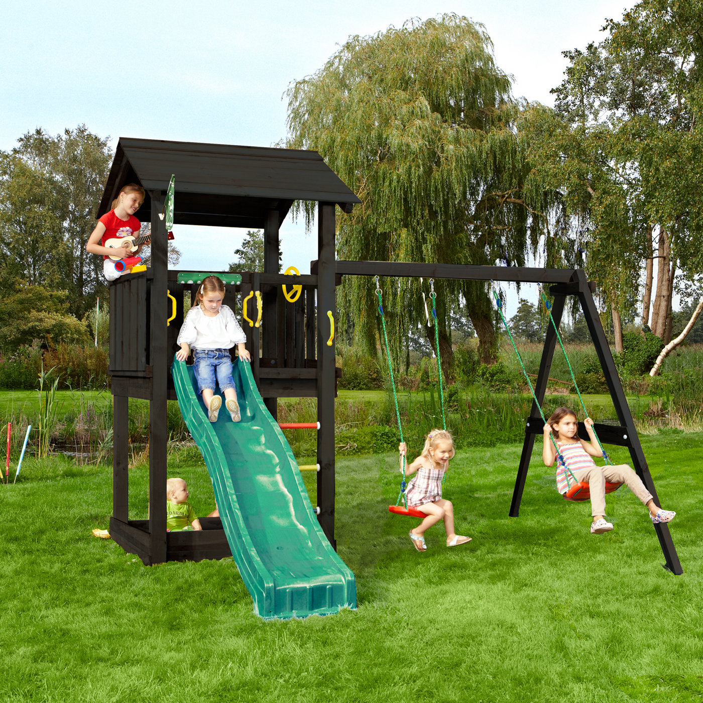 Lektorn Jungle Gym Casa inkl. swing module xtra och rutschkana, grundmålat svart