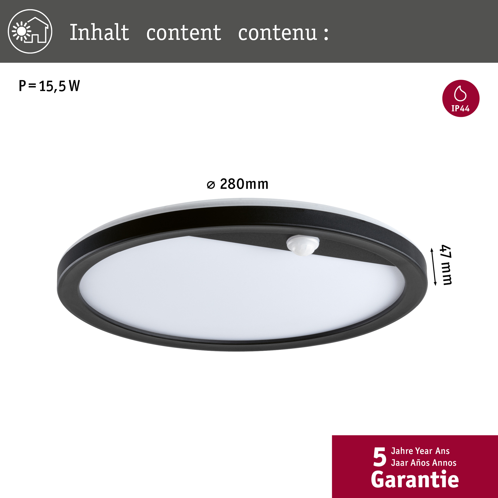 Fasad/Tak-belysning Paulmann Lamina Rund med Skymningsstyrd rörelsedetektor IP44 230V