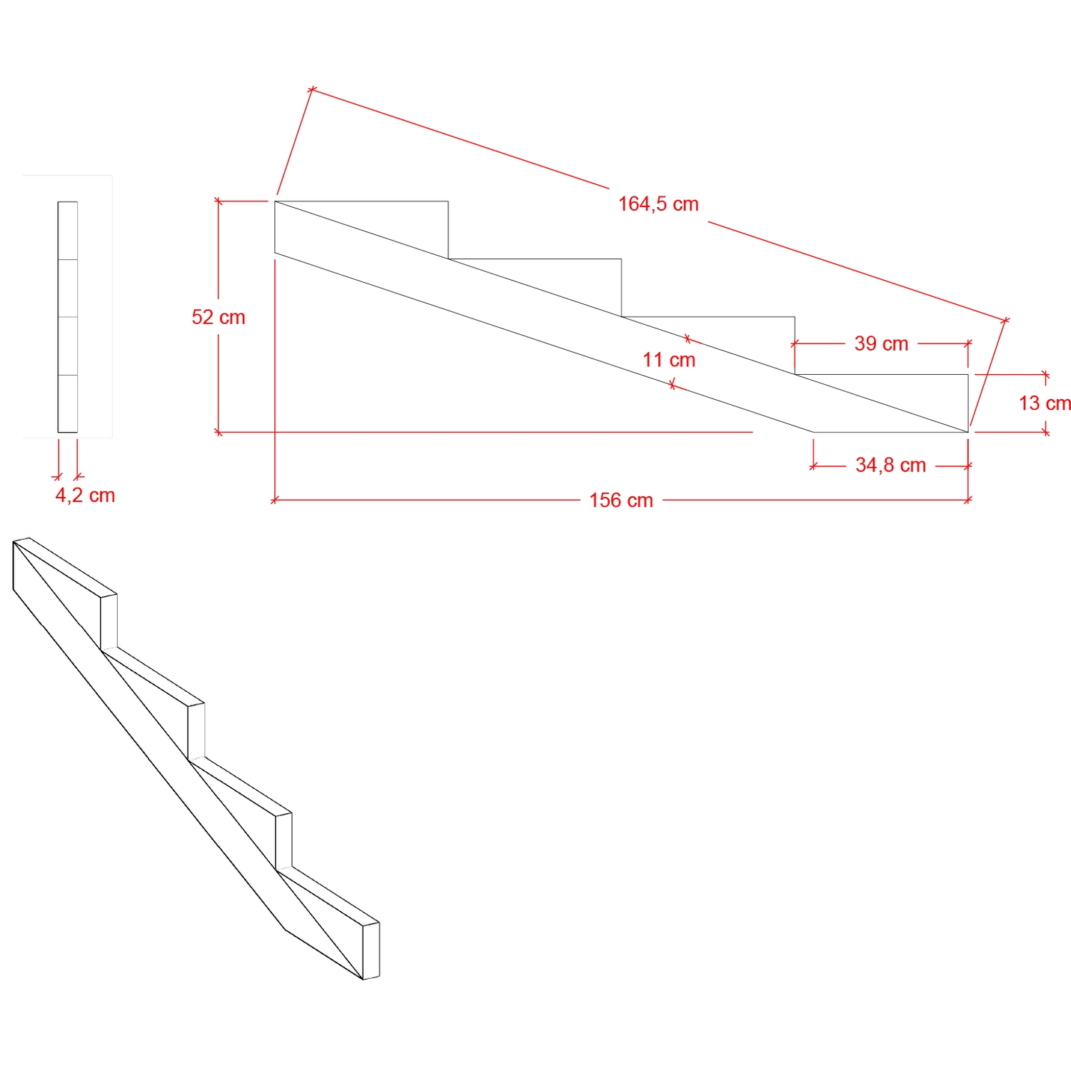 19º PLUS Vangstycke 4 steg - Stegdjup 39 cm