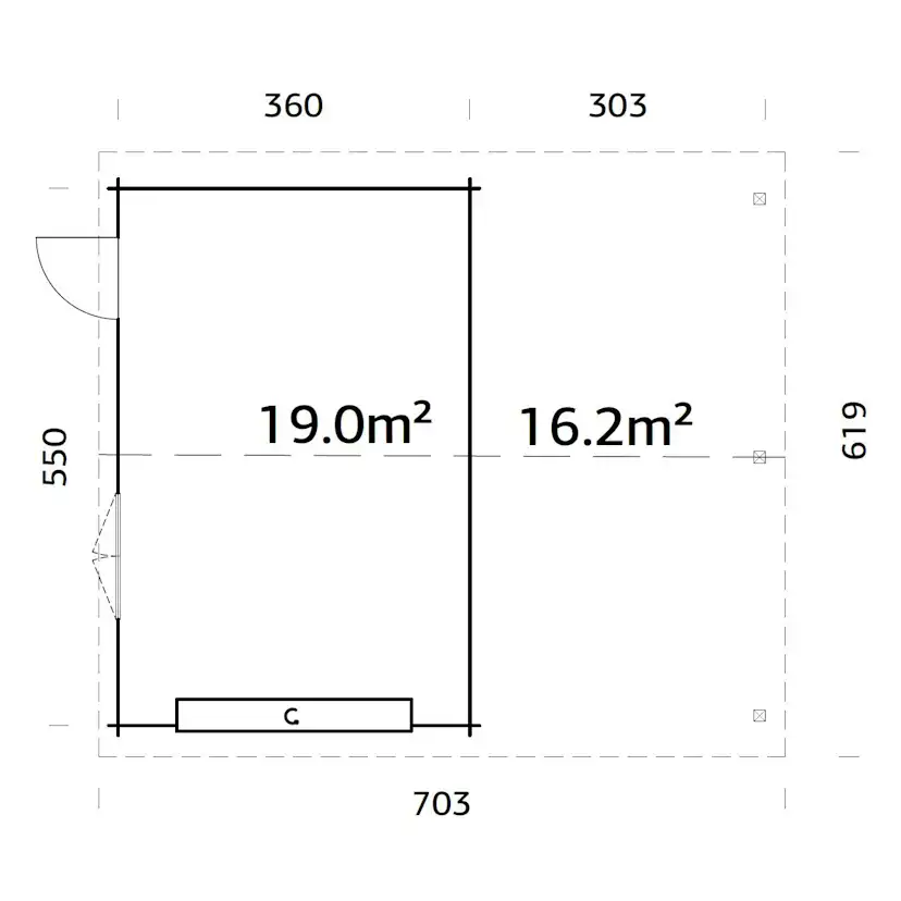 Roger 19,0+16,2 m2 with sectional door PNT7042W2 Målad ljusgrå RAL7042 + vit RAL9016