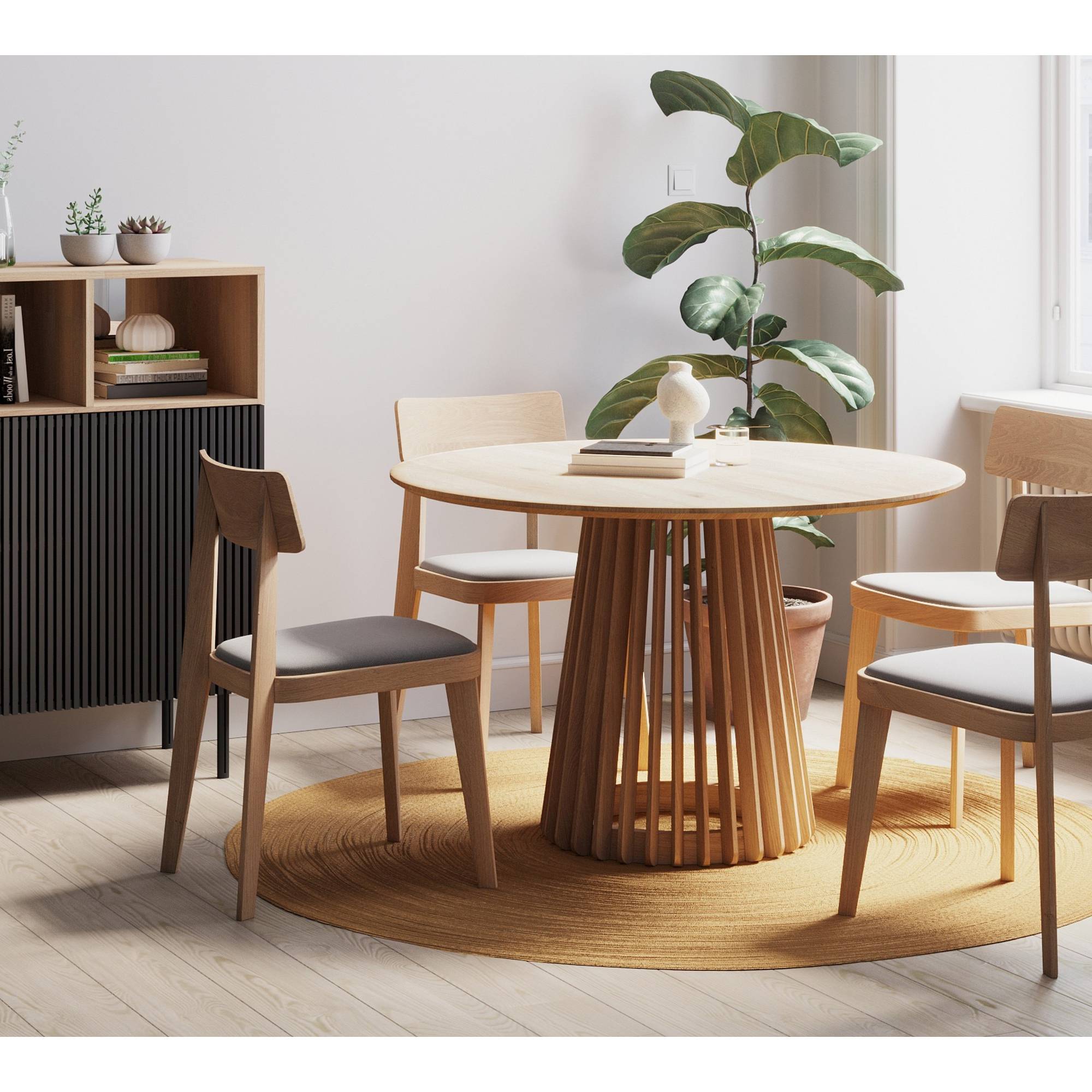 Matgrupp Bark Peyra Runt Matbord 120 cm med 4 Edena Matstol