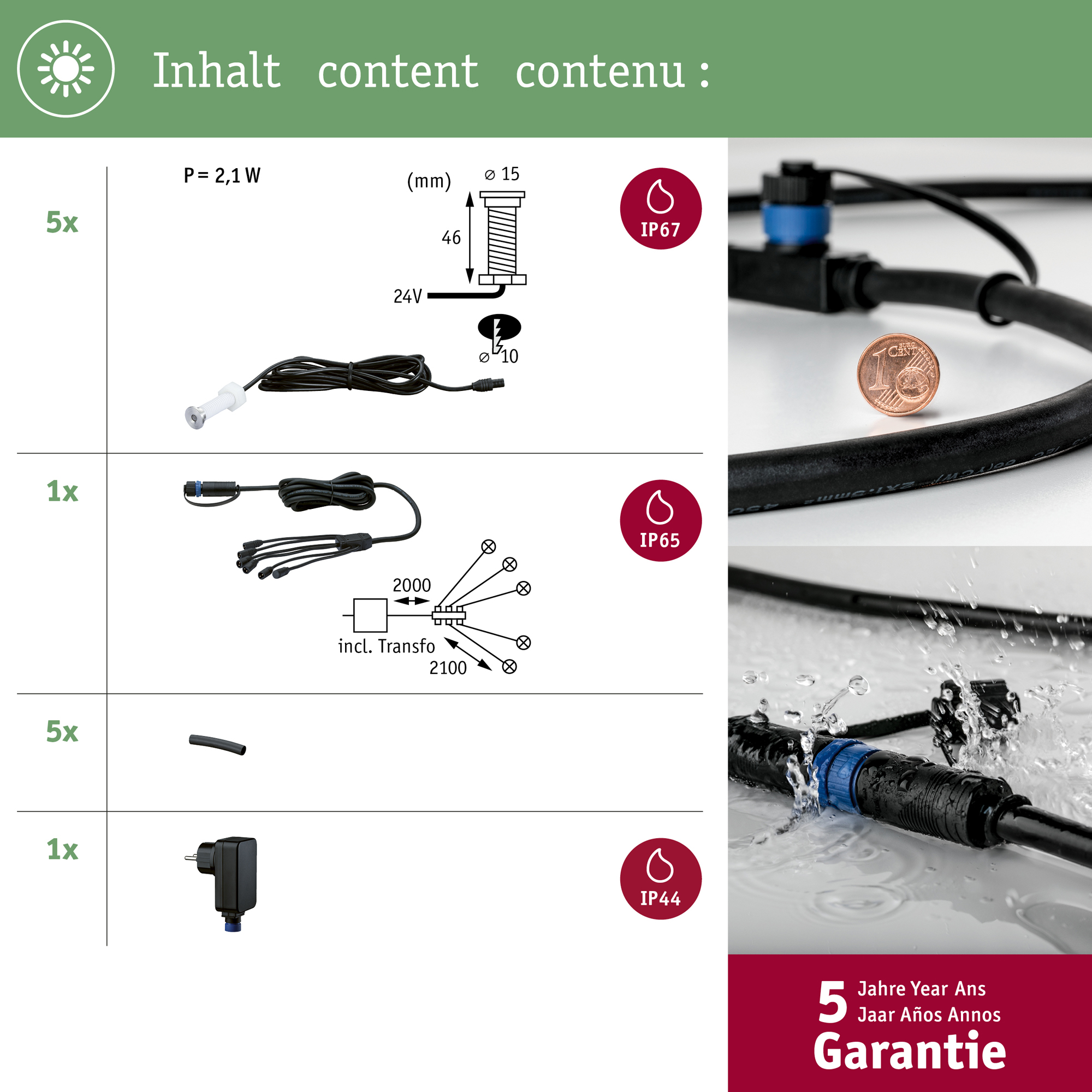 LED Infälld Markbelysning Paulmann Plug & Shine MicroPenII IP67 24V 5-pack med Kabel & Transformator