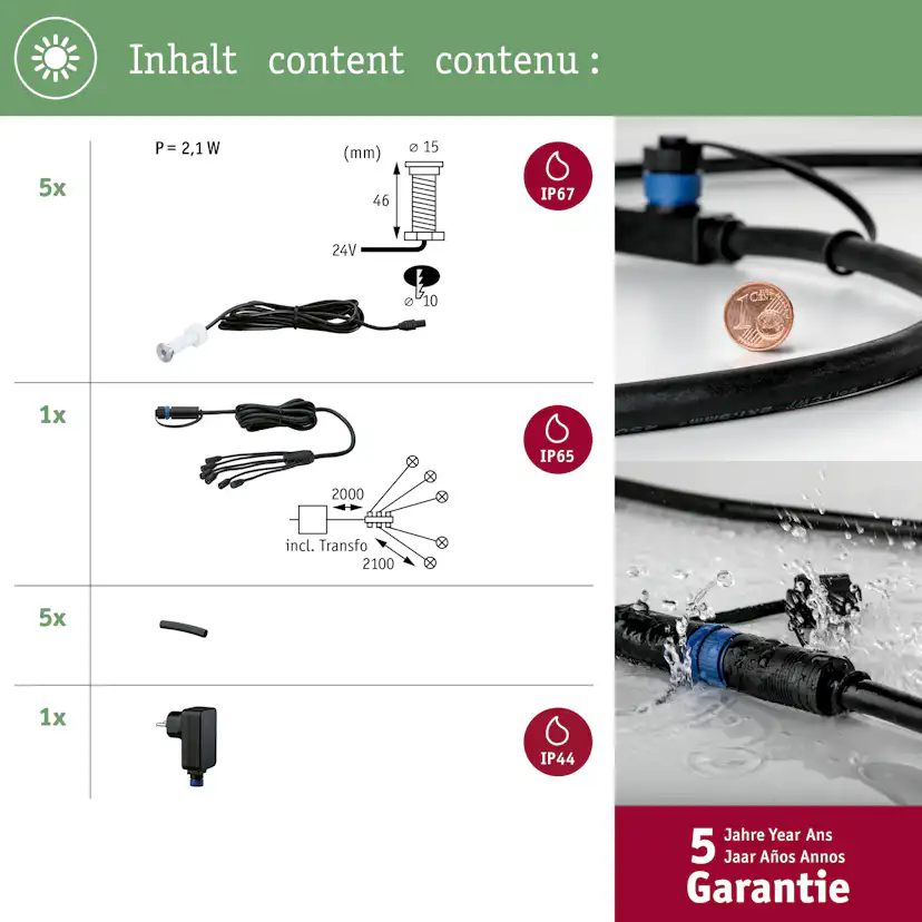 LED Infälld Markbelysning Paulmann Plug & Shine MicroPenII IP67 24V 5-pack med Kabel & Transformator