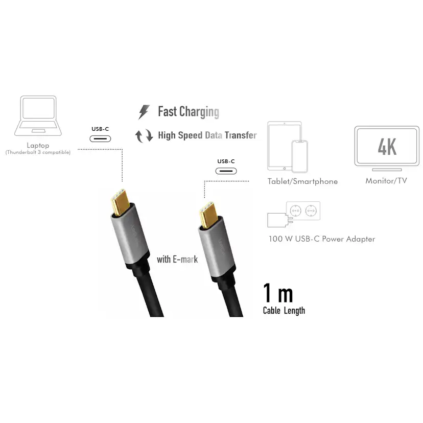 USB-C-kabel LogiLink USB 3.2 Gen2 PD 3.0 100W 10Gbps 4K/60Hz Alu 1 m
