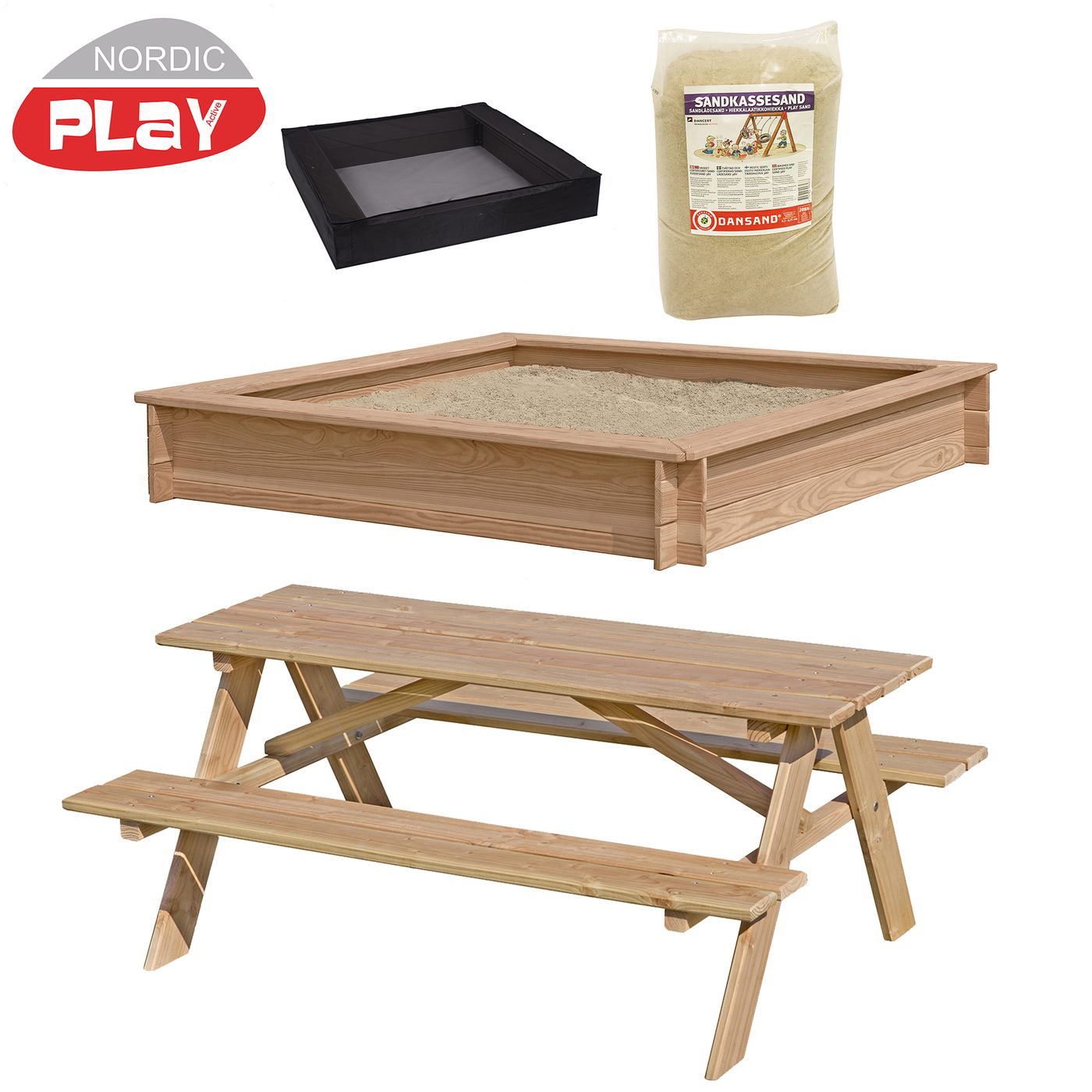 Sandlåda Nordic Play 150 X 150 cm Inkl Nät, 200 kg Sand och Picknickbord