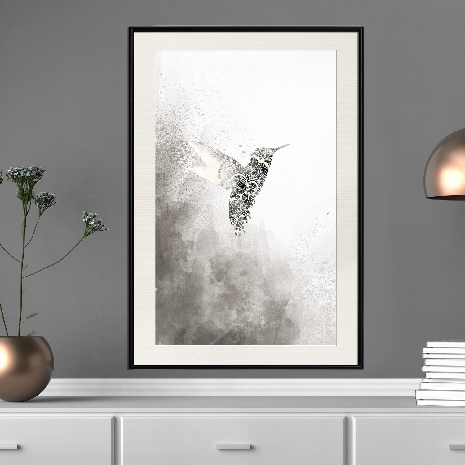 Affisch - Ethnic Hummingbird [Poster] 40x60 Svart ram med passepartout, 40x60 cm