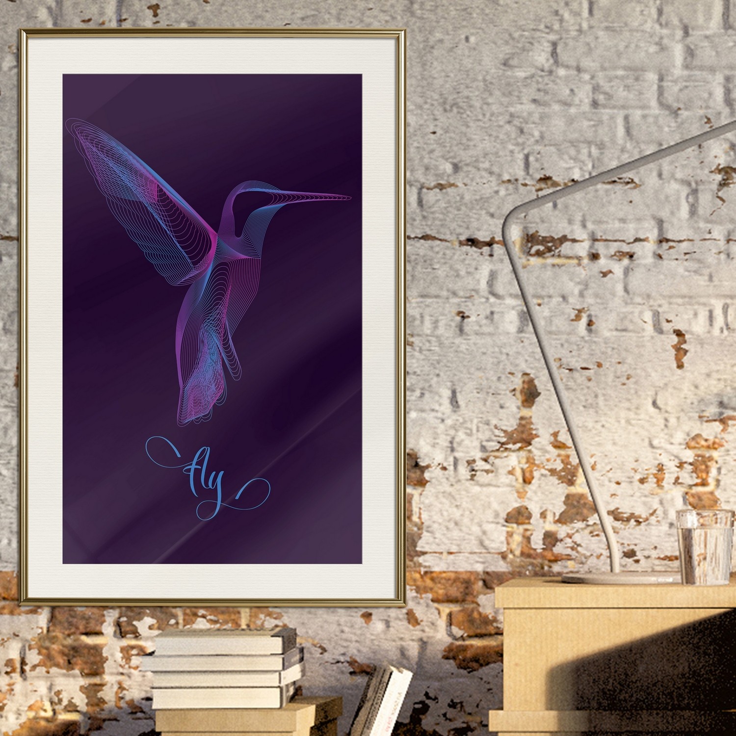 Affisch - Purple Hummingbird [Poster] 40x60 Guld ram med passepartout, 40x60 cm