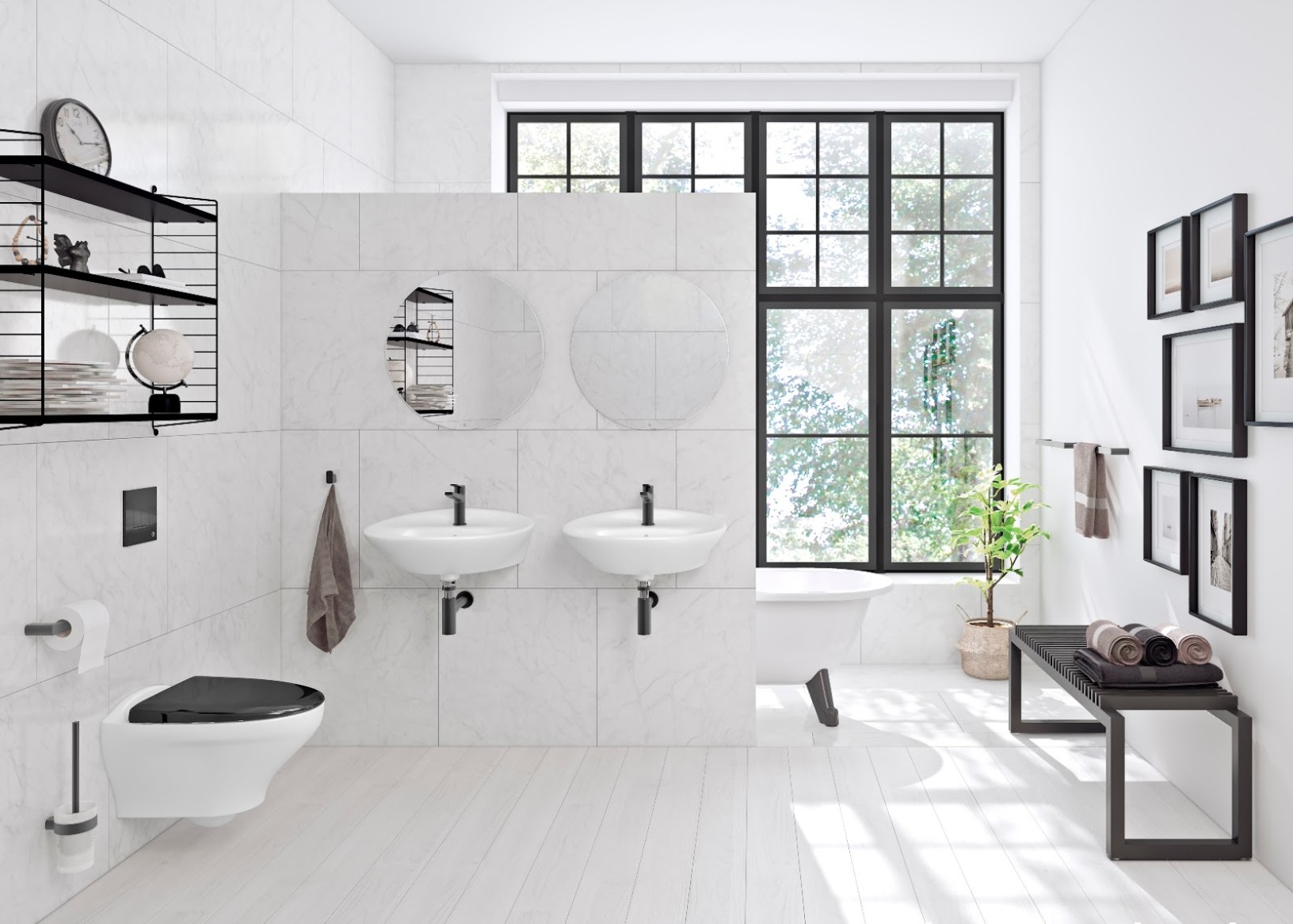 Svarta inredningsdetaljer i badrum