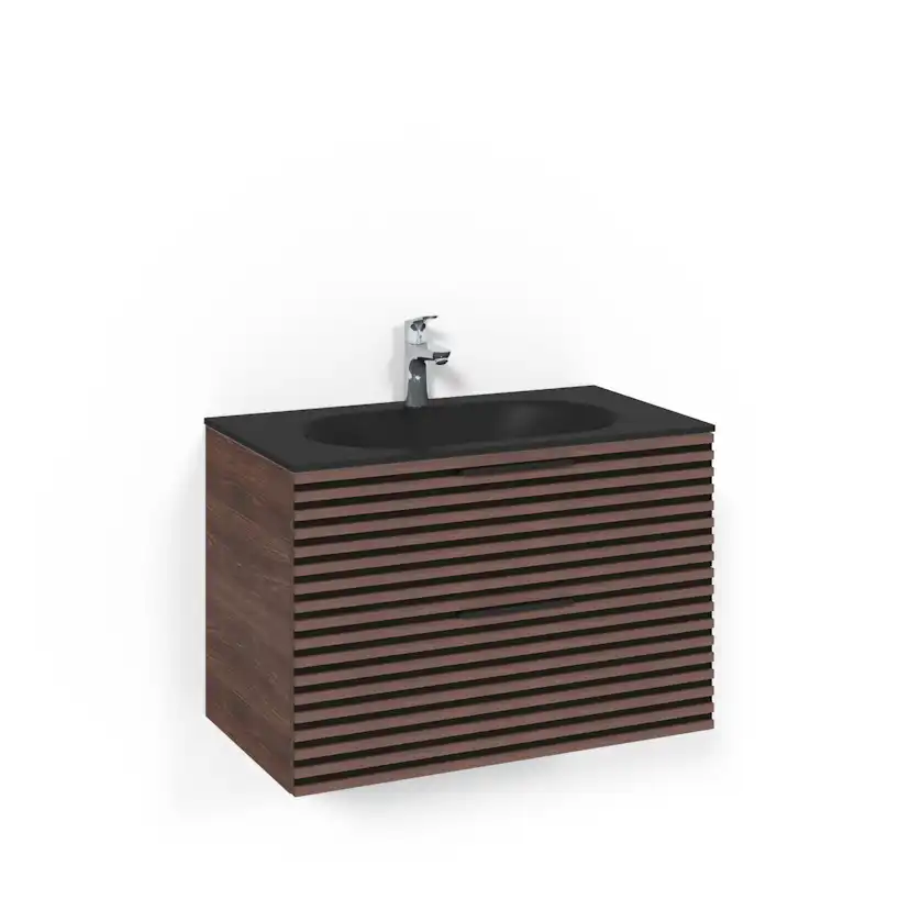 Crown Kommod 80x45 Brun Ask Stripe Mattsvart Glashandfat Bredd: 800 mm, Brun Ask, Glastvättställ Mattsvart