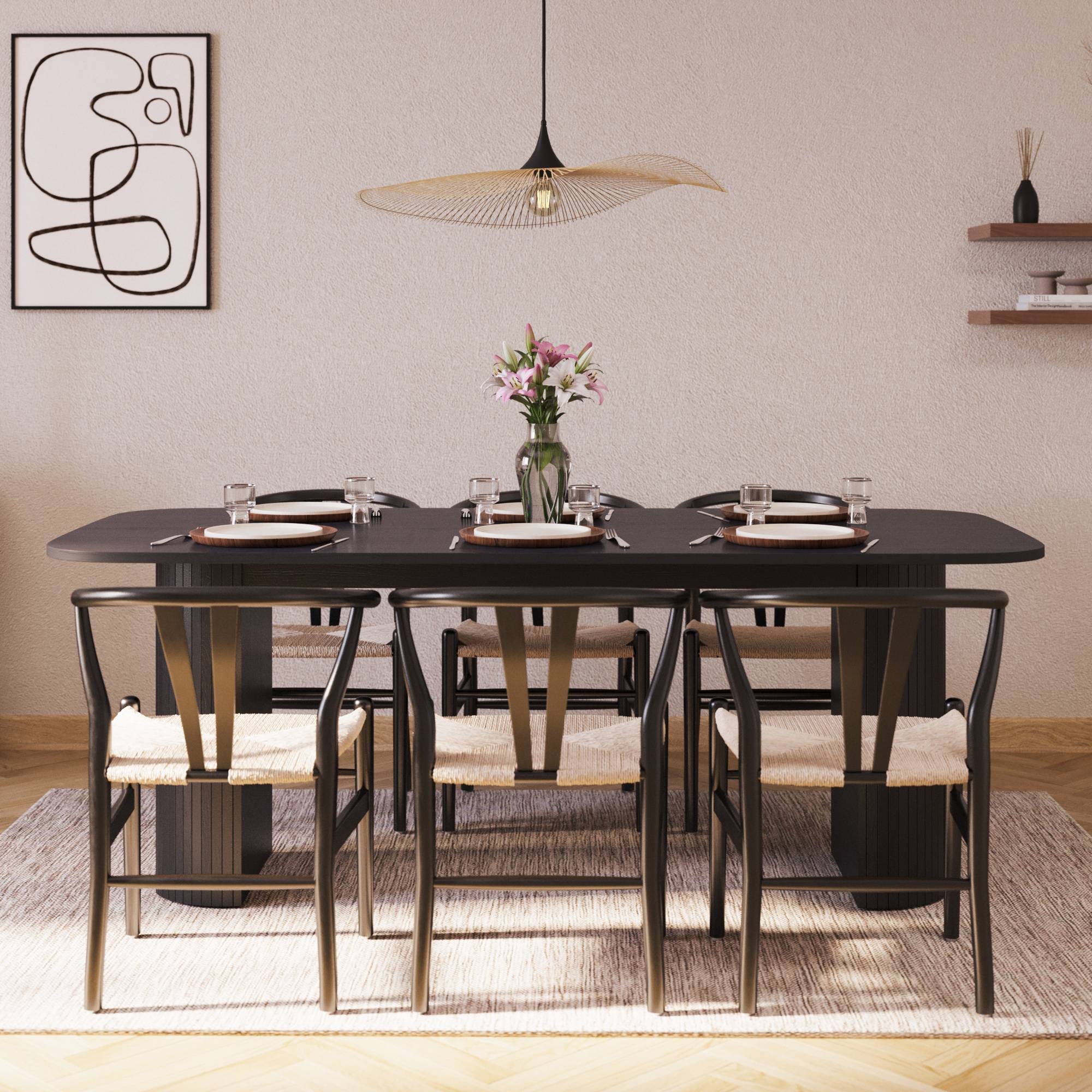 Matgrupp Bark Kopparbo Rektangulärt Matbord 200x90 cm med 6 Dastoori Matstol Svart