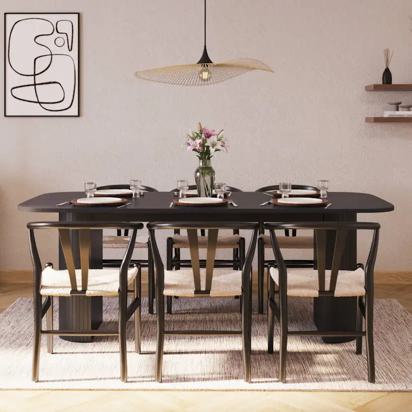 Matgrupp Bark Kopparbo Rektangulärt Matbord 200x90 cm med 6 Dastoori Matstol Svart