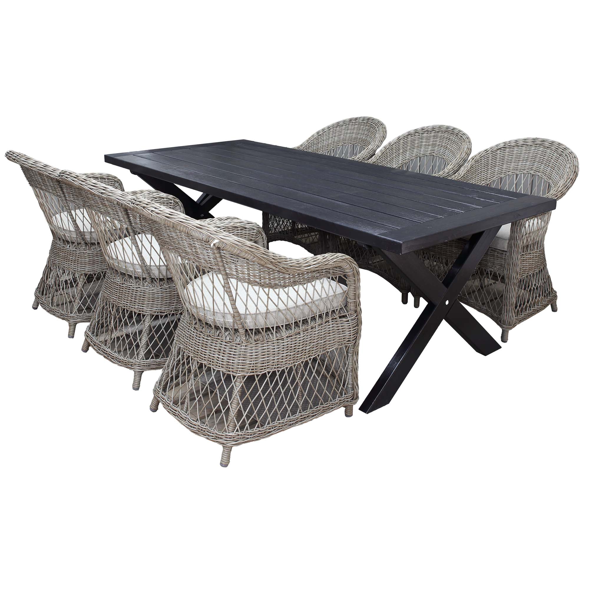 Matgrupp Utomhus Baltic Garden 220 cm bord & 6 Merida naturfärgade stolar