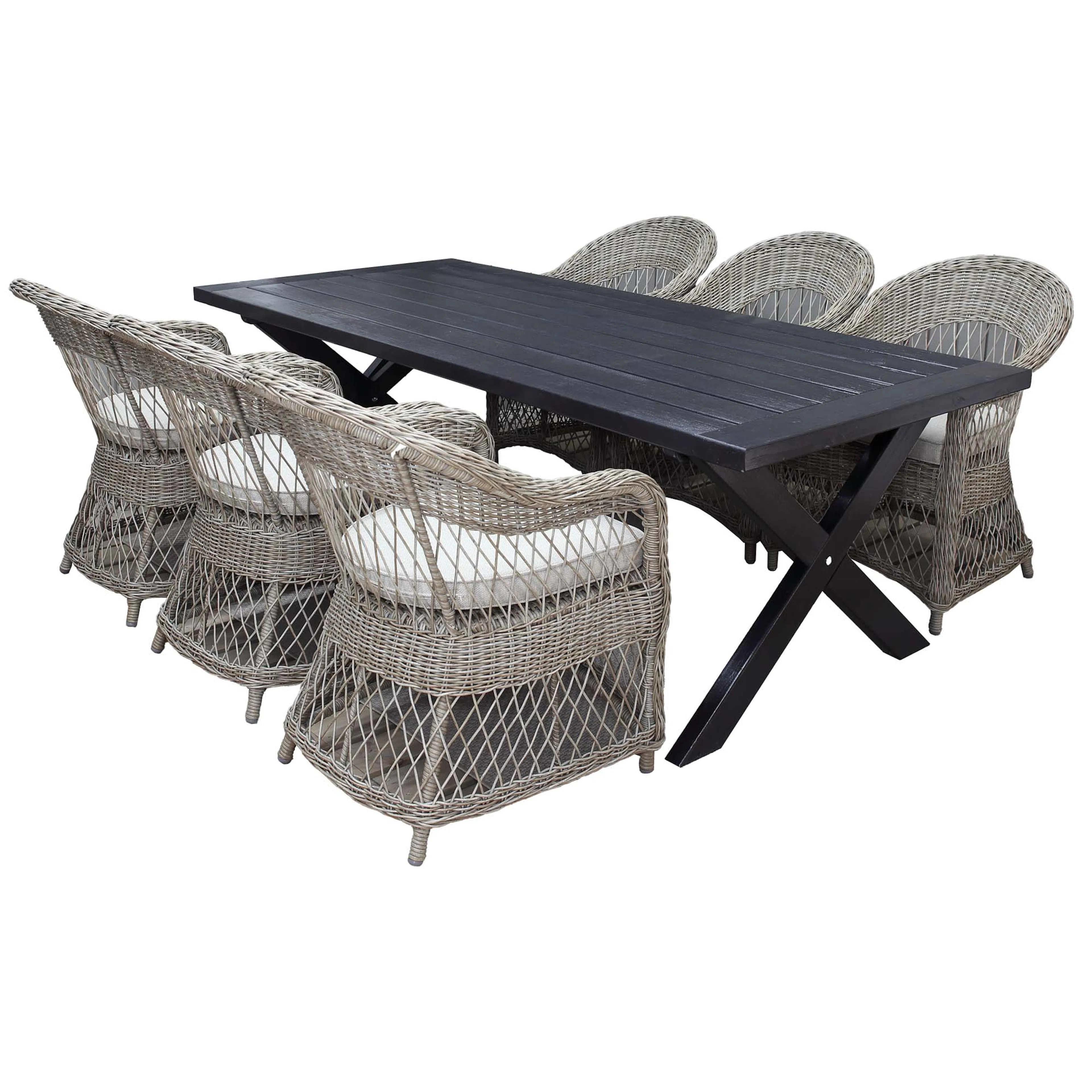Matgrupp Utomhus Baltic Garden 220 cm bord & 6 Merida naturfärgade stolar
