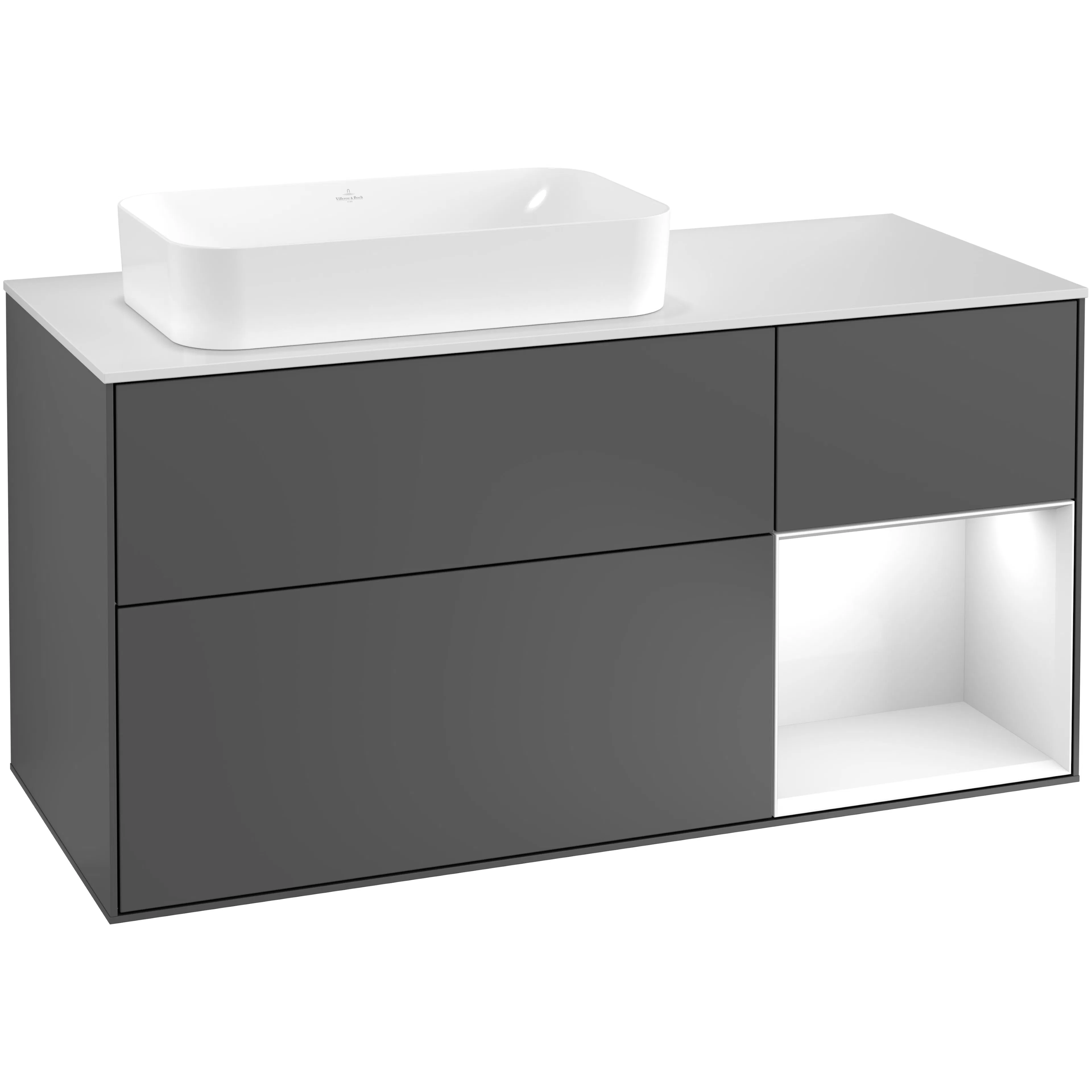 Tvättställsskåp Villeroy & Boch Finion F281GFGK Antracitgrå Mattlack/Vit Högblank med bänkskiva i Mattvitt glas, Lucka Höger med Blandarhål