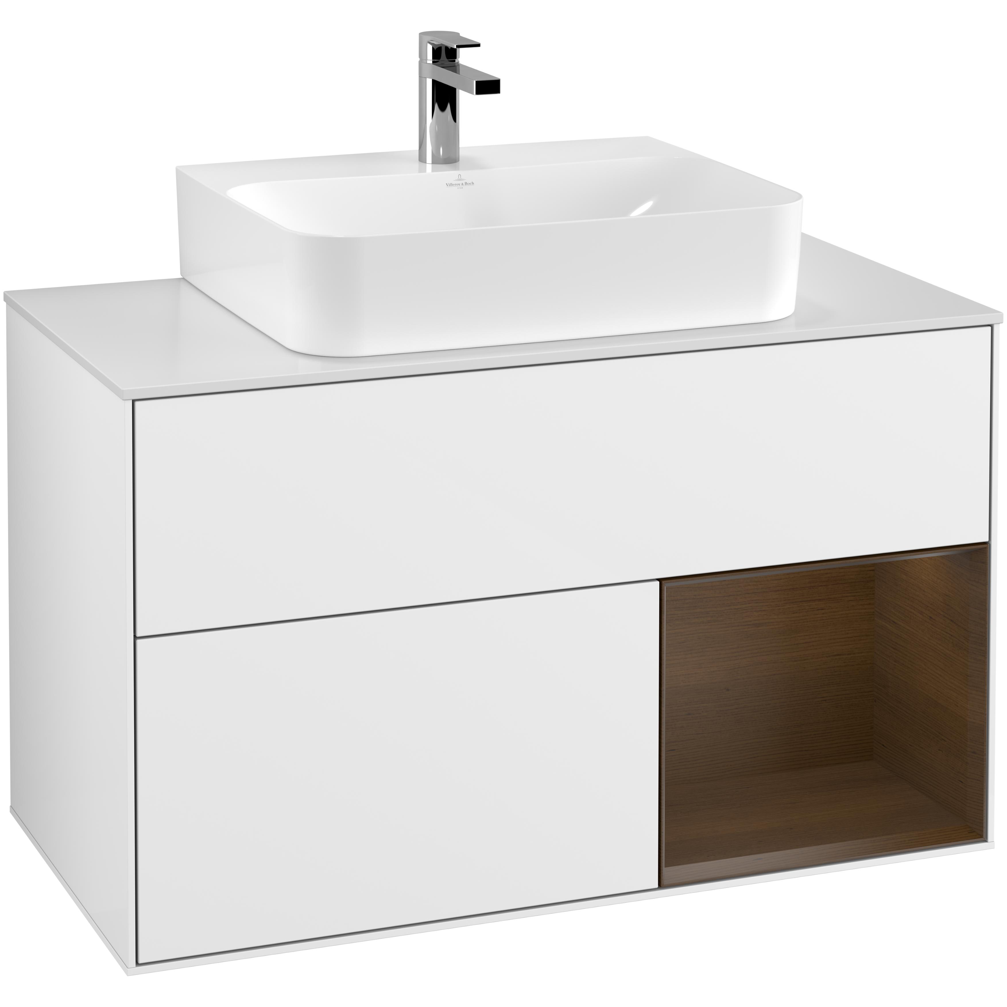 Tvättställsskåp Villeroy & Boch Finion G121GNGF Vit Högblank/Valnötsfanér med bänkskiva i Mattvitt glas med Väggbelysning, Lucka Höger