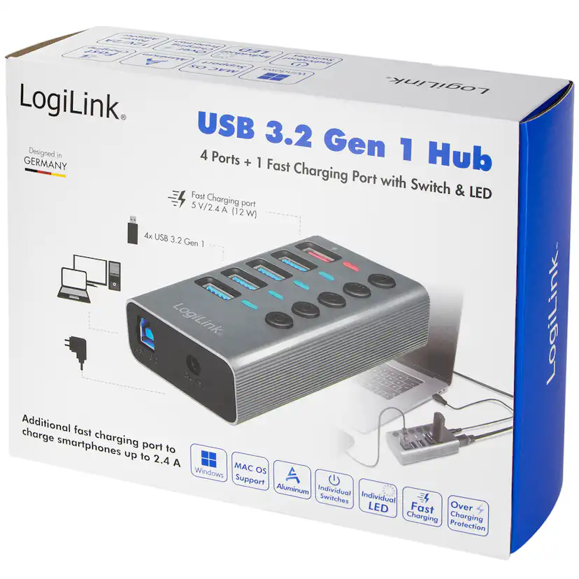 USB-hub LogiLink 4+1-port med Separata På/Av-knappar USB 3.2 Gen 1