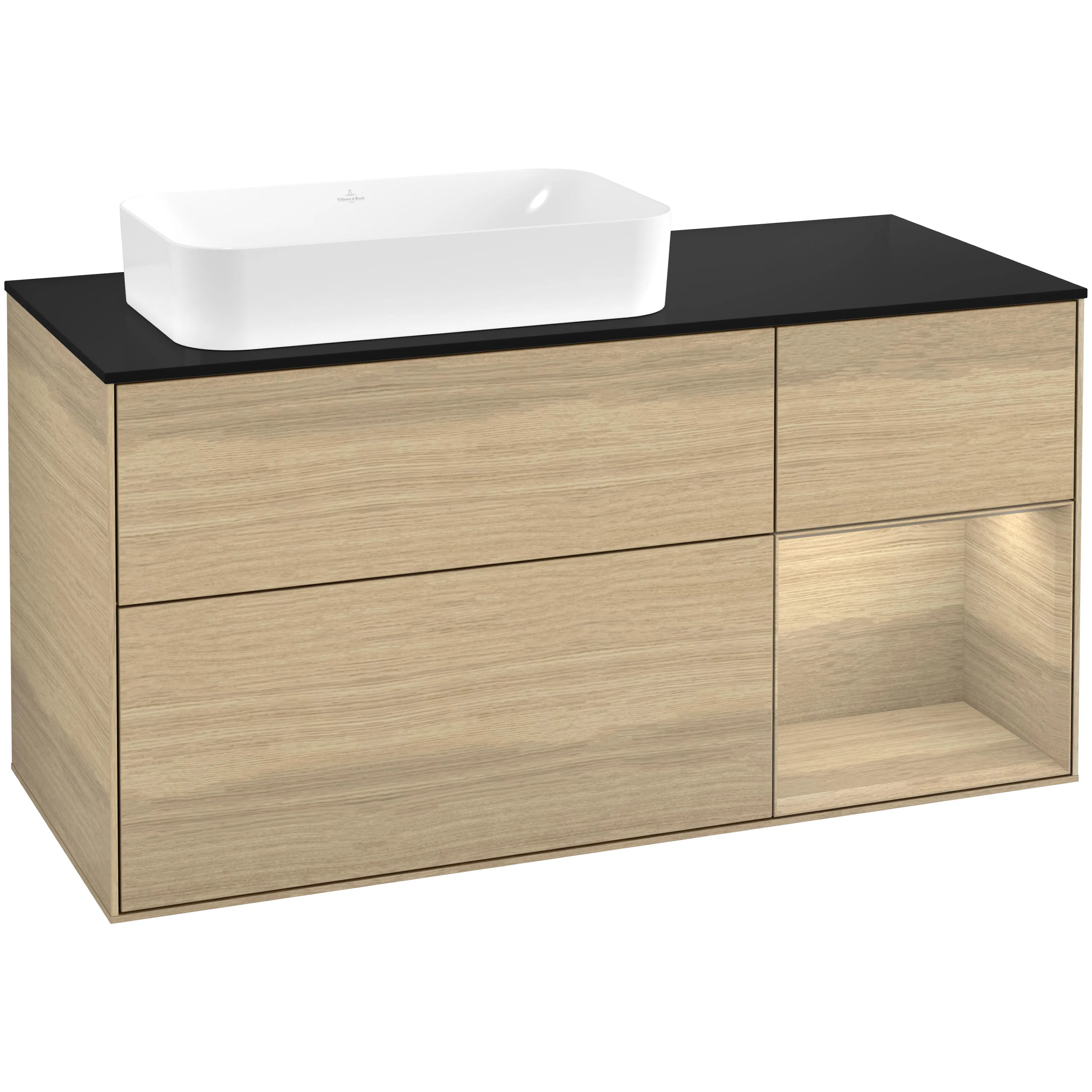 Tvättställsskåp Villeroy & Boch Finion G692PCPC Ekfanér/Ekfanér med bänkskiva i Mattsvart glas med Väggbelysning, Lucka Höger utan Blandarhål