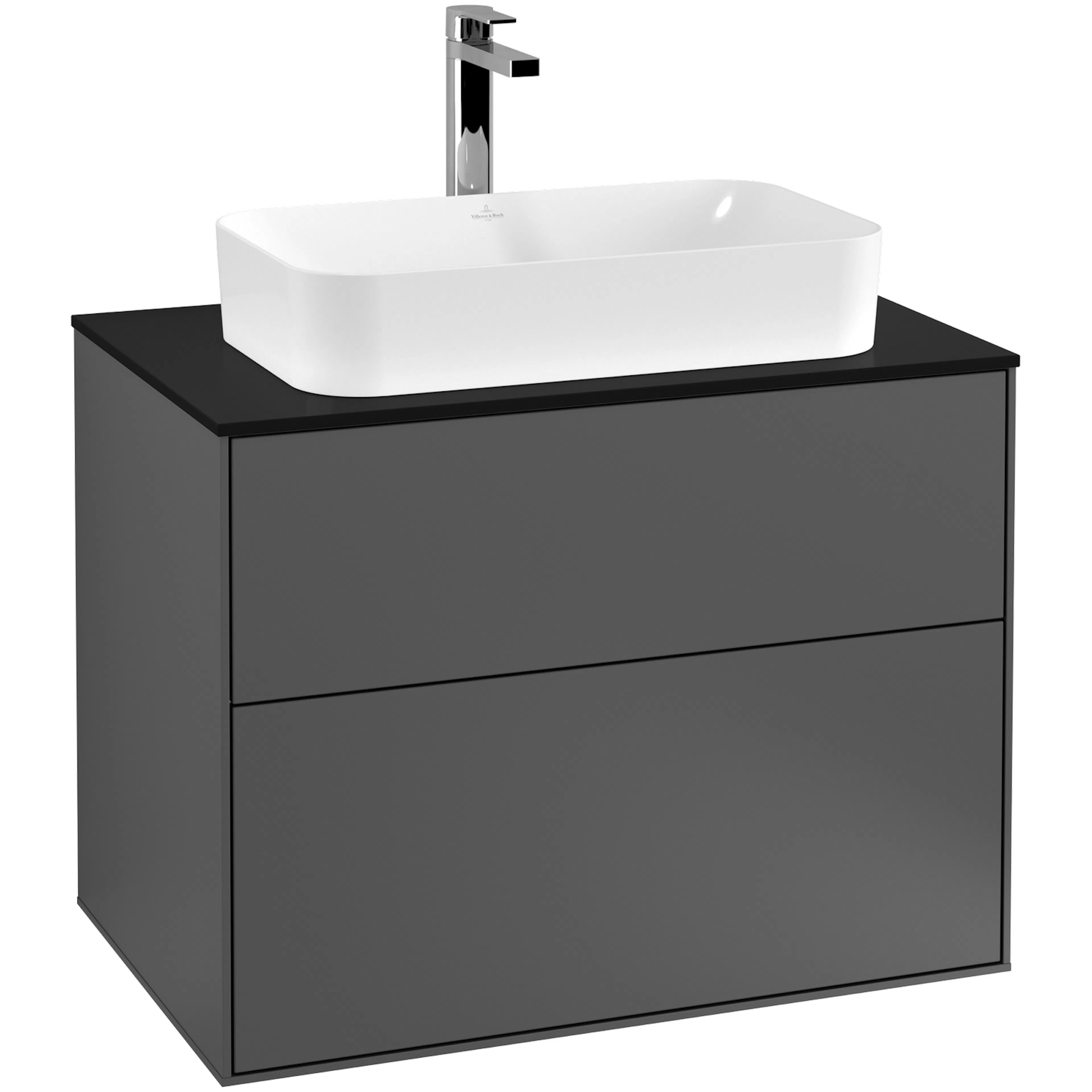 Tvättställsskåp Villeroy & Boch Finion G22200GK Antracitgrå Mattlack B: 800 mm med bänkskiva i Mattsvart glas med Väggbelysning med Blandarhål