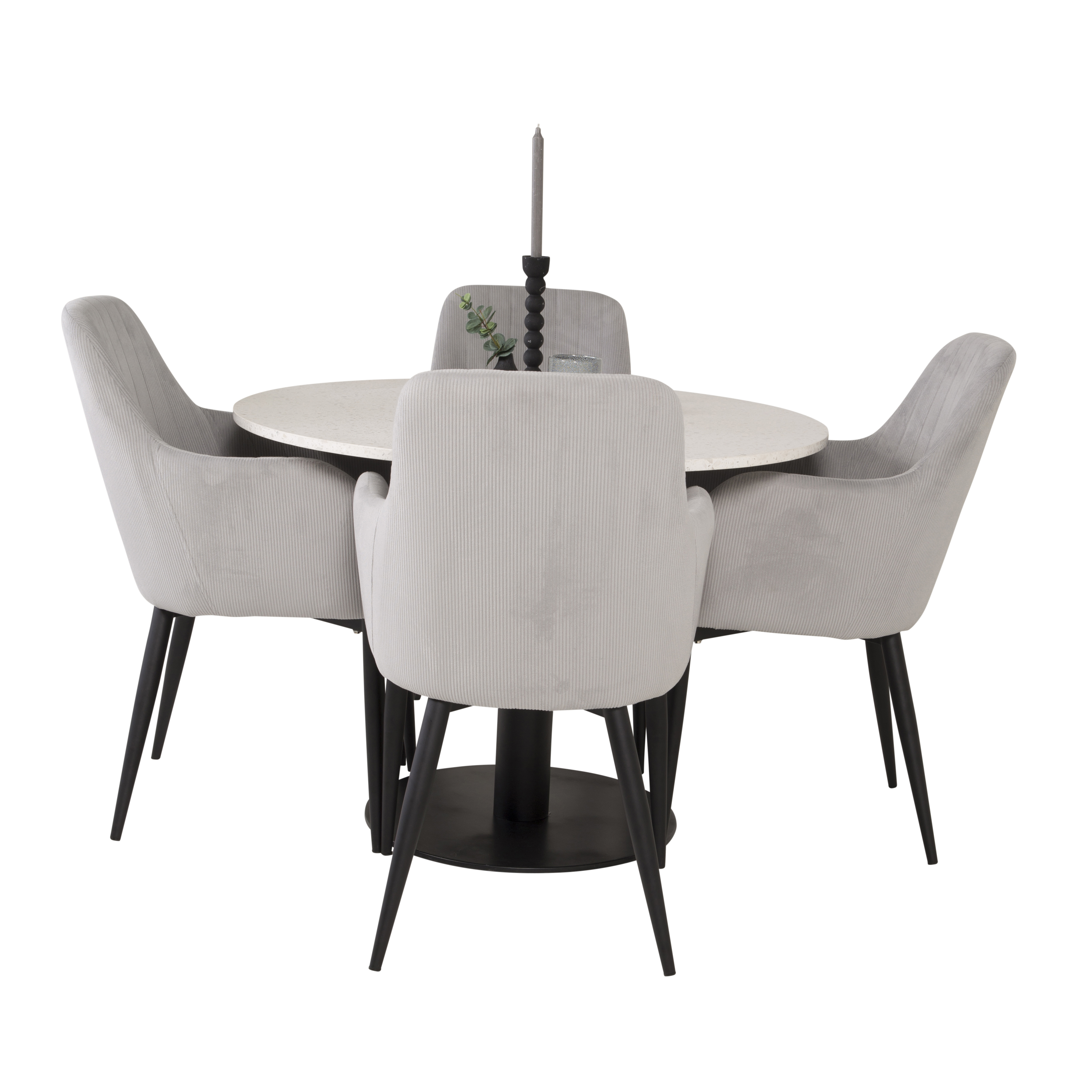 RazziaBord106cm-VitTerazzo/Black+Stol-Black/GråCordutoy4 Vit Bord med Svarta Ben, Ljusgrå Stol med Svarta Ben
