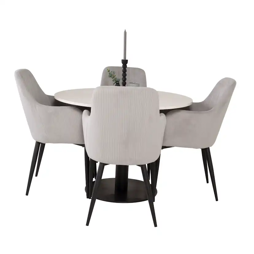 RazziaBord106cm-VitTerazzo/Black+Stol-Black/GråCordutoy4 Vit Bord med Svarta Ben, Ljusgrå Stol med Svarta Ben