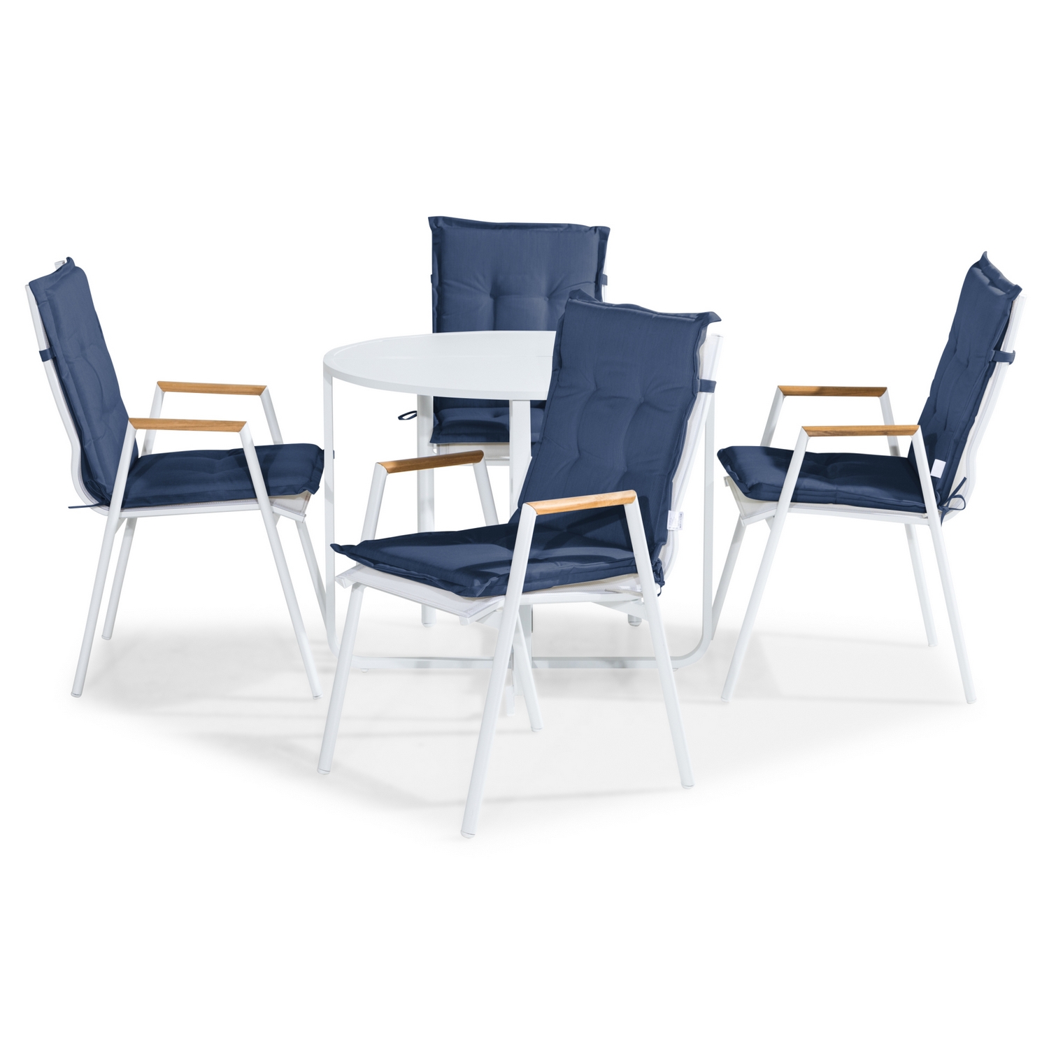 Flippy Cafégrupp 90 Rund + 4 Las Vegas Karmstol m Dyna Vit/Teak, Blå Dynor