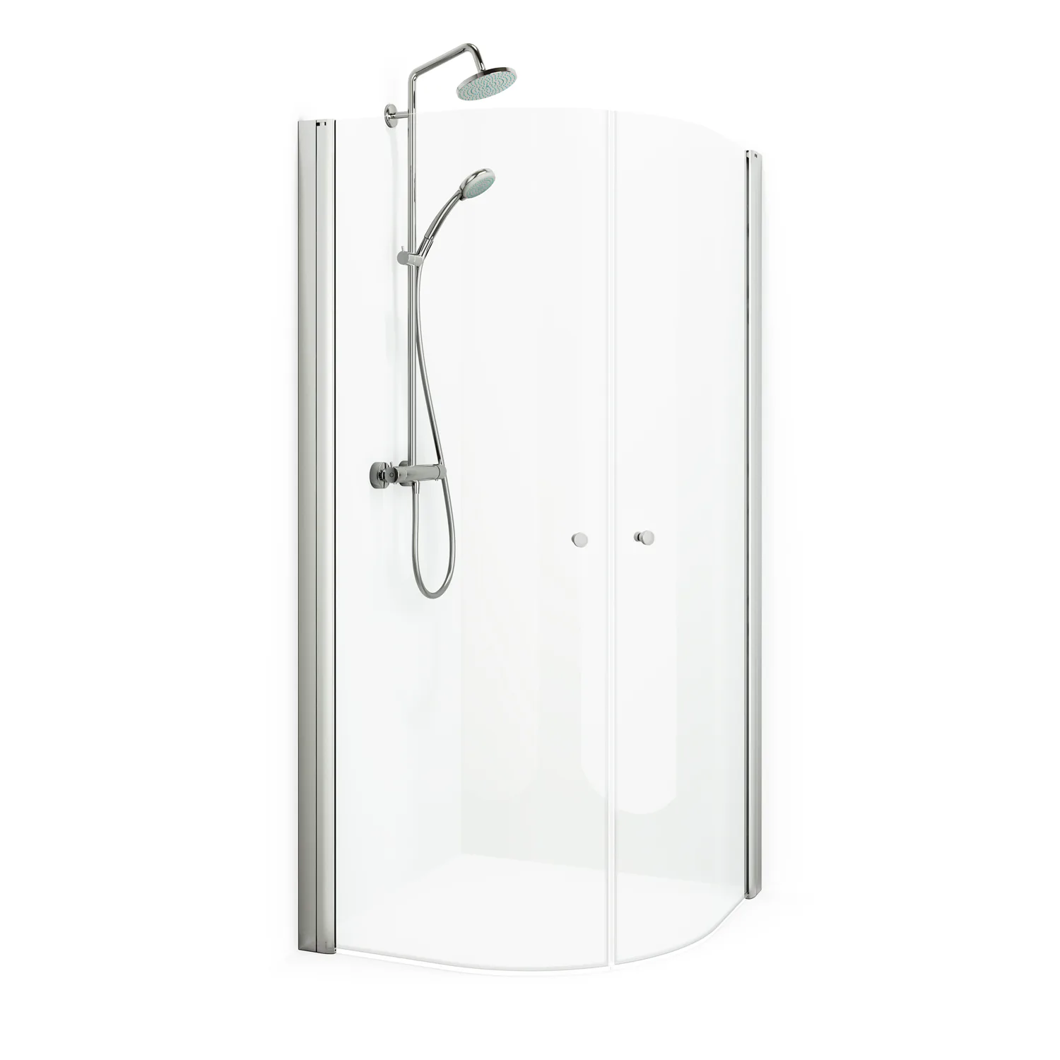 Spirit Rund 100x100 Ma Kl 1000x1000x1970 mm, Matt Aluminium, Klarglas med Knopp
